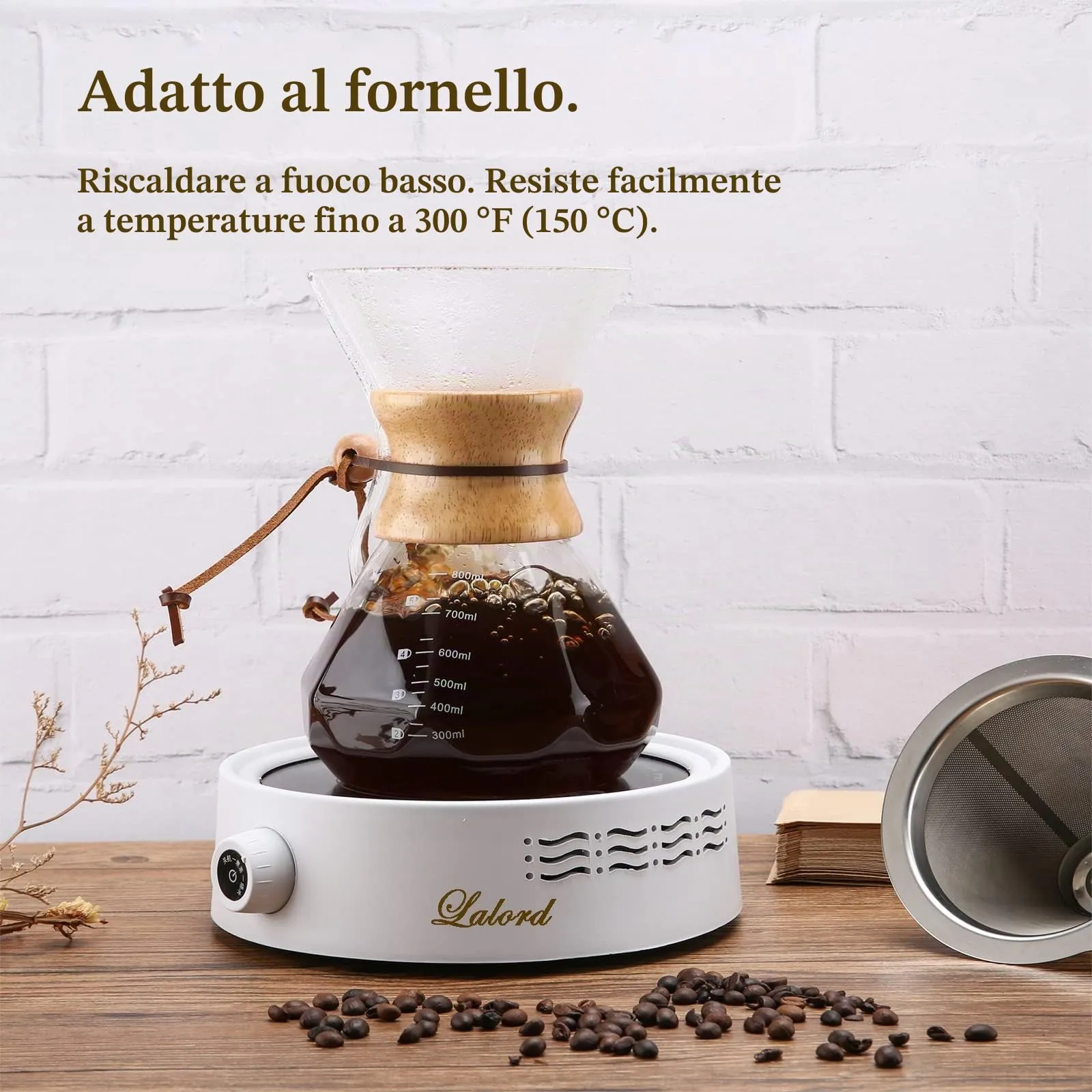 Lalord Caffettiera Pour Over con Filtro Riutilizzabile in Acciaio Inossidabile, Vetro Borosilicato e Collare in Legno, 600 ml - immagine 6