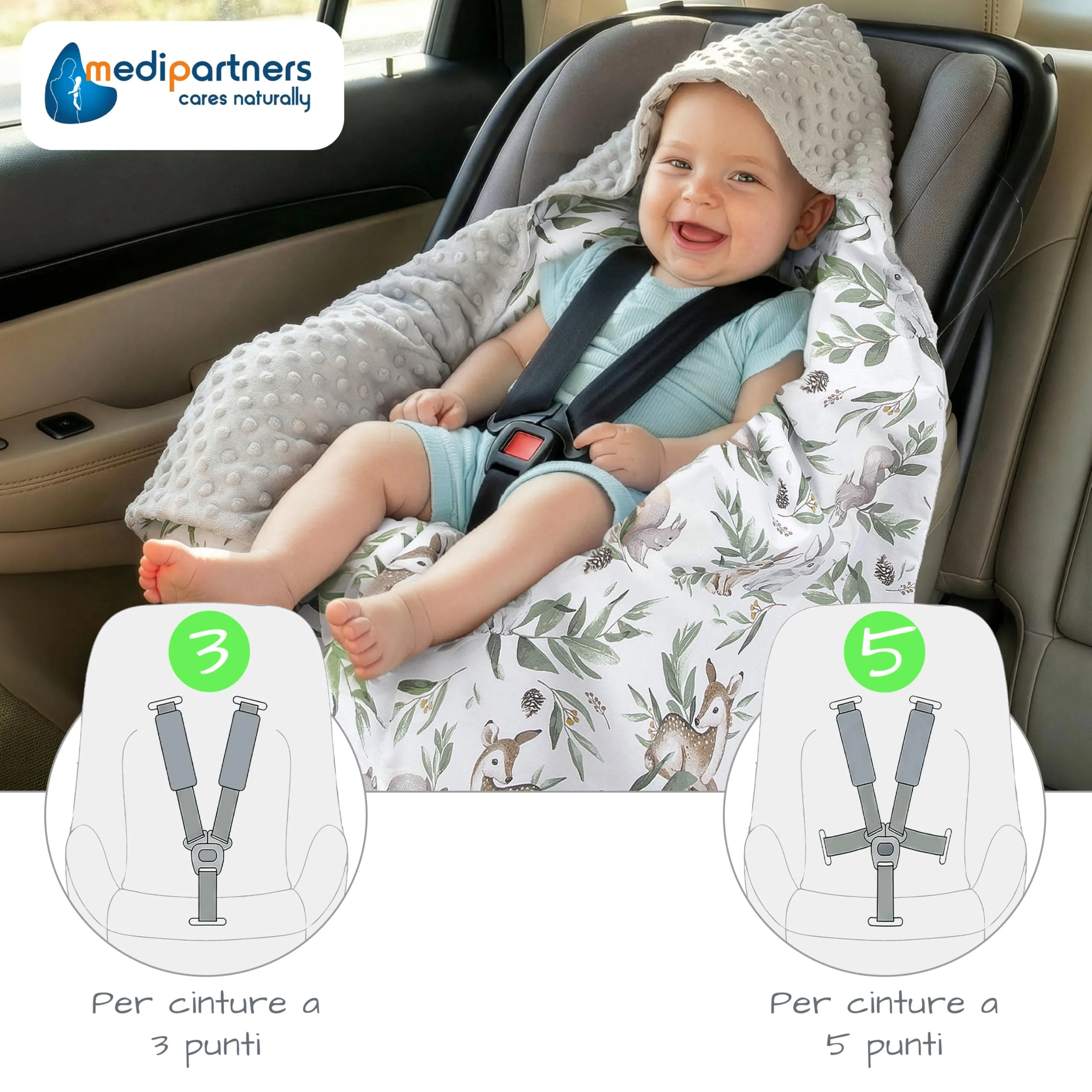 Medi Partners Coperta Neonato per Ovetto e Passeggino, 100% Cotone e Minky, 85x85cm (Cervo in foglie con Minky grigio) - immagine 2
