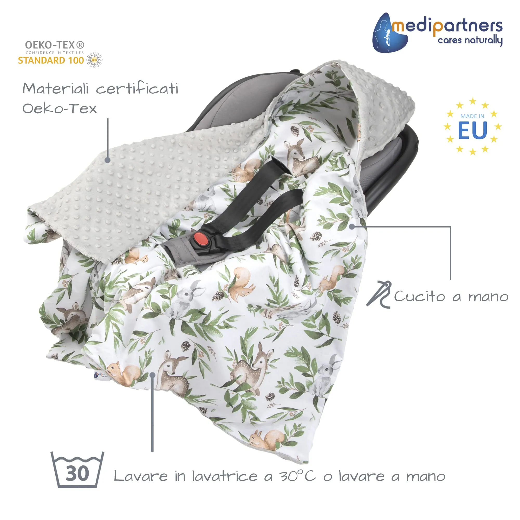 Medi Partners Coperta Neonato per Ovetto e Passeggino, 100% Cotone e Minky, 85x85cm (Cervo in foglie con Minky grigio) - immagine 3