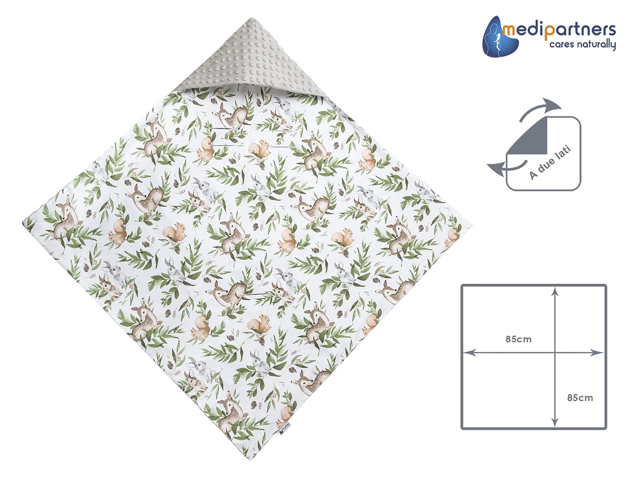 Medi Partners Coperta Neonato per Ovetto e Passeggino, 100% Cotone e Minky, 85x85cm (Cervo in foglie con Minky grigio) - immagine 4