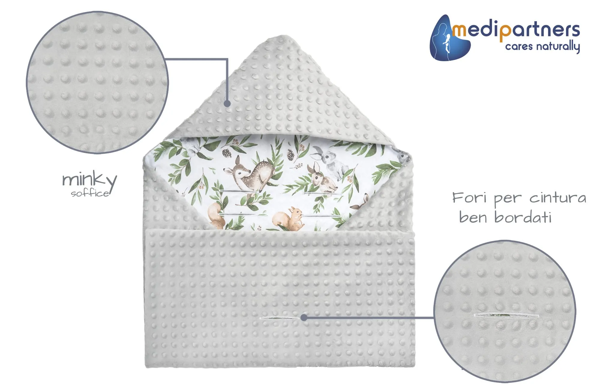 Medi Partners Coperta Neonato per Ovetto e Passeggino, 100% Cotone e Minky, 85x85cm (Cervo in foglie con Minky grigio) - immagine 5