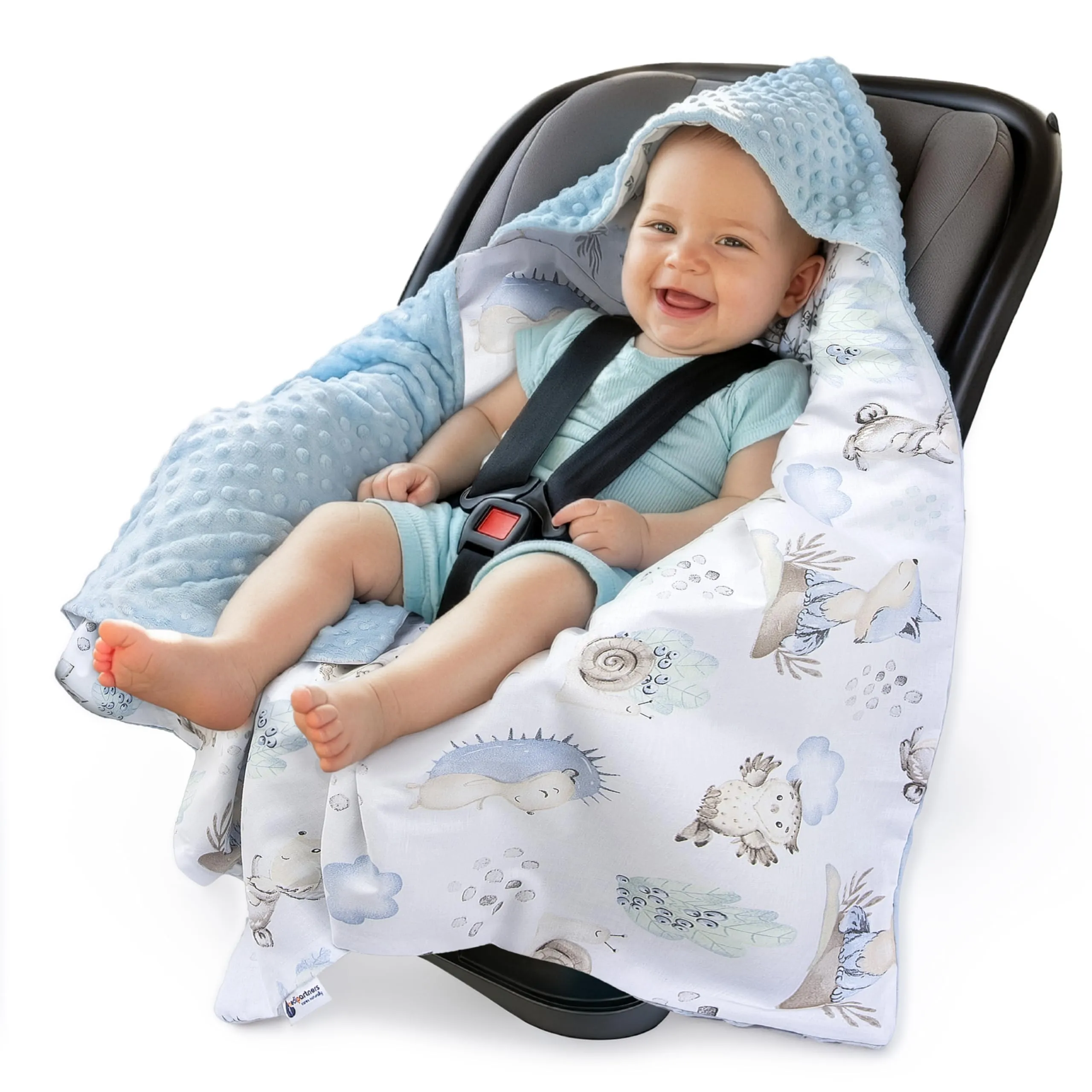 Medi Partners Coperta Neonato per Ovetto e Passeggino, 100% Cotone e Minky, 85x85cm (Cervo e Riccio con Minky Celeste) - immagine 1