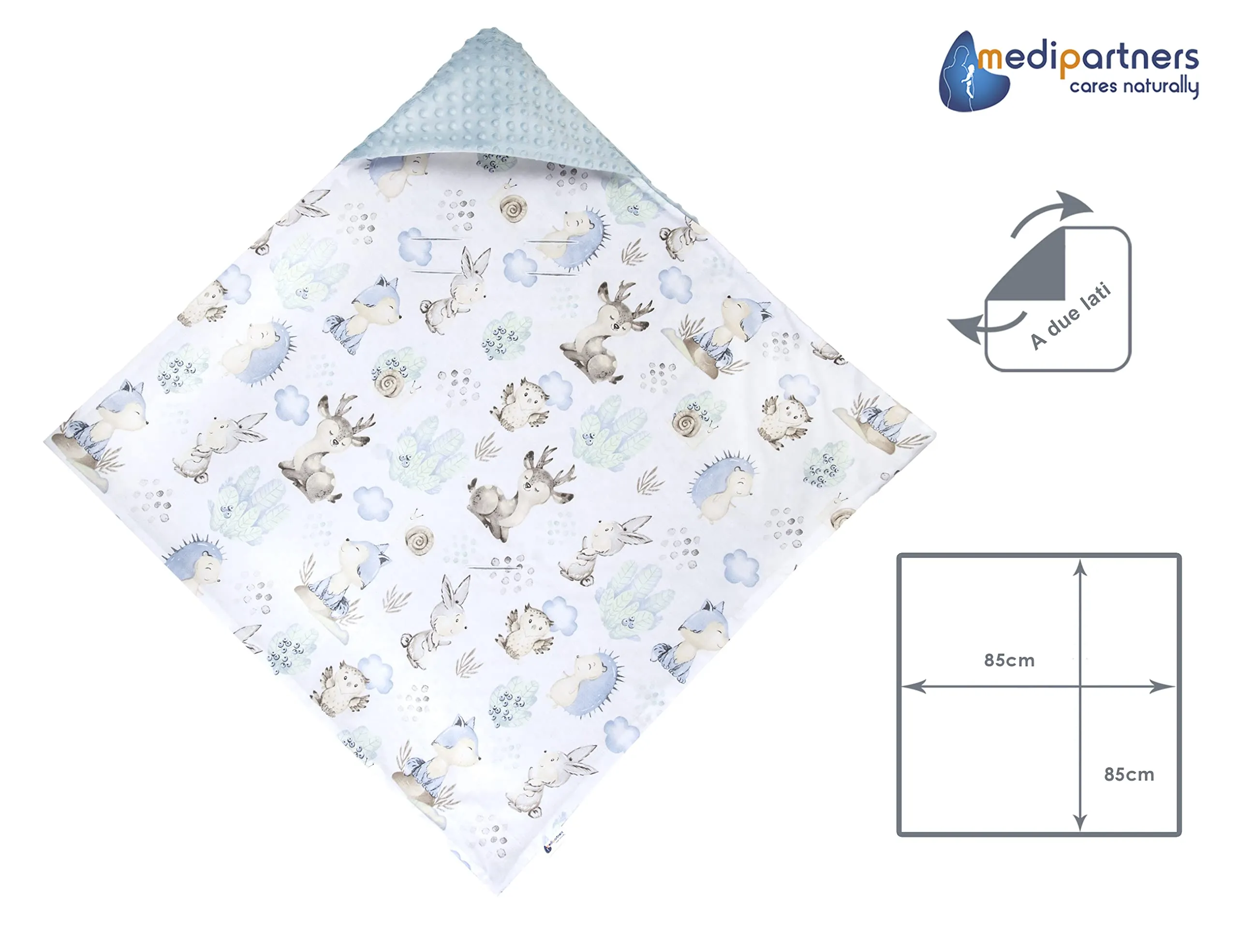 Medi Partners Coperta Neonato per Ovetto e Passeggino, 100% Cotone e Minky, 85x85cm (Cervo e Riccio con Minky Celeste) - immagine 4