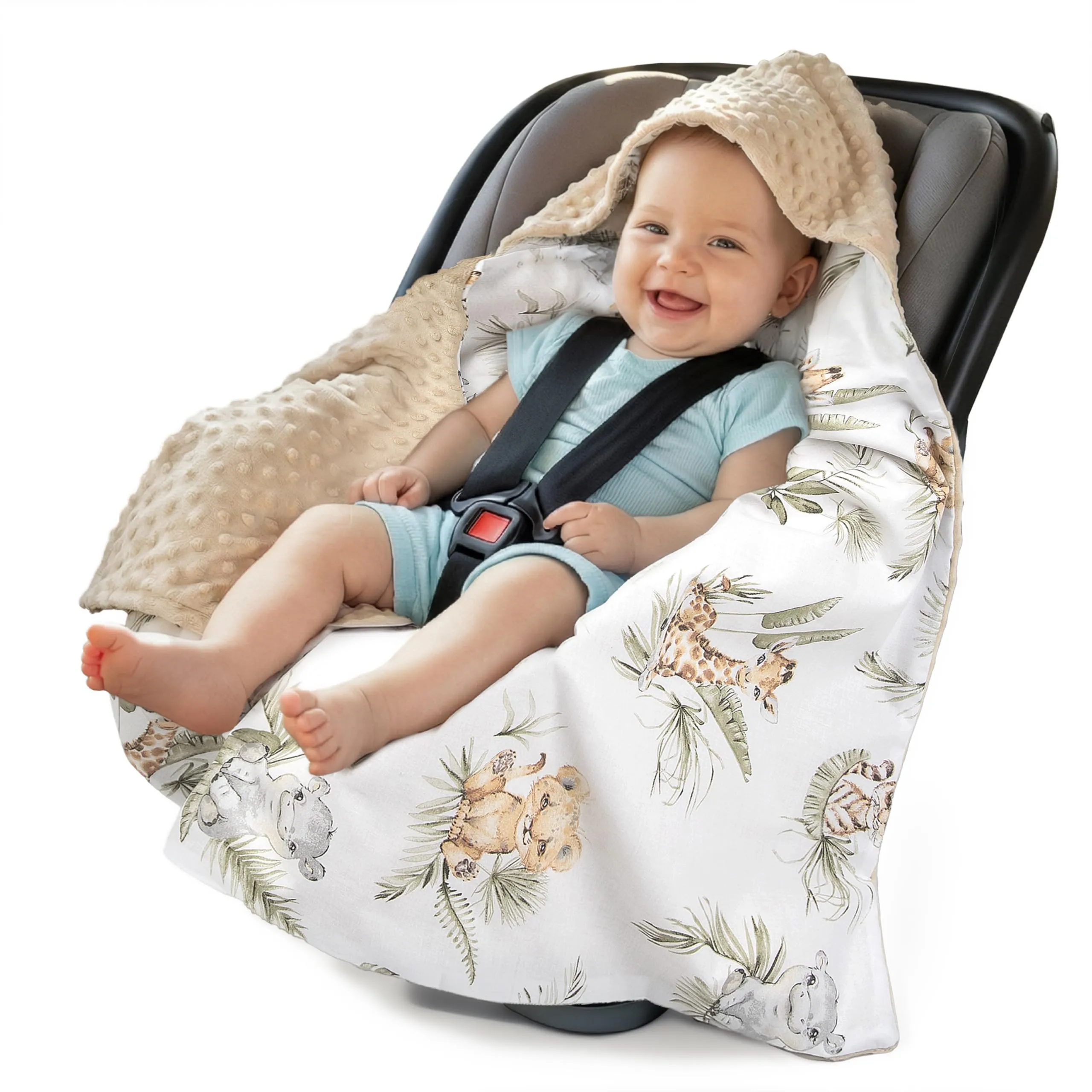 Medi Partners Coperta Neonato per Ovetto e Passeggino, 100% Cotone e Minky, 85x85cm, Safari con Minky beige - immagine 1
