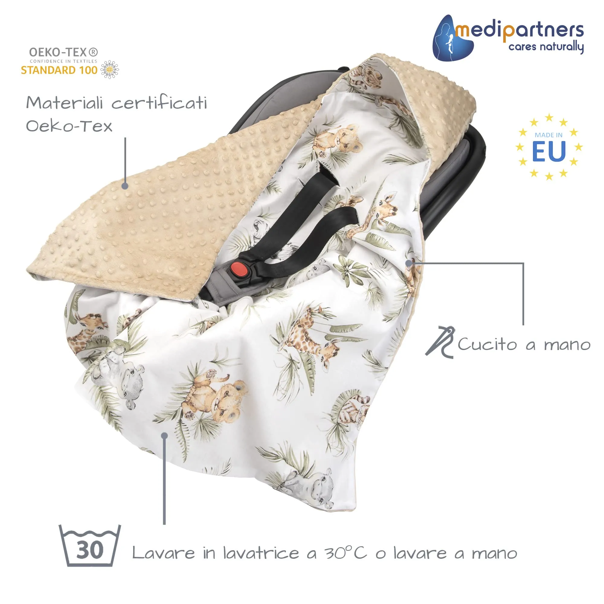 Medi Partners Coperta Neonato per Ovetto e Passeggino, 100% Cotone e Minky, 85x85cm, Safari con Minky beige - immagine 3