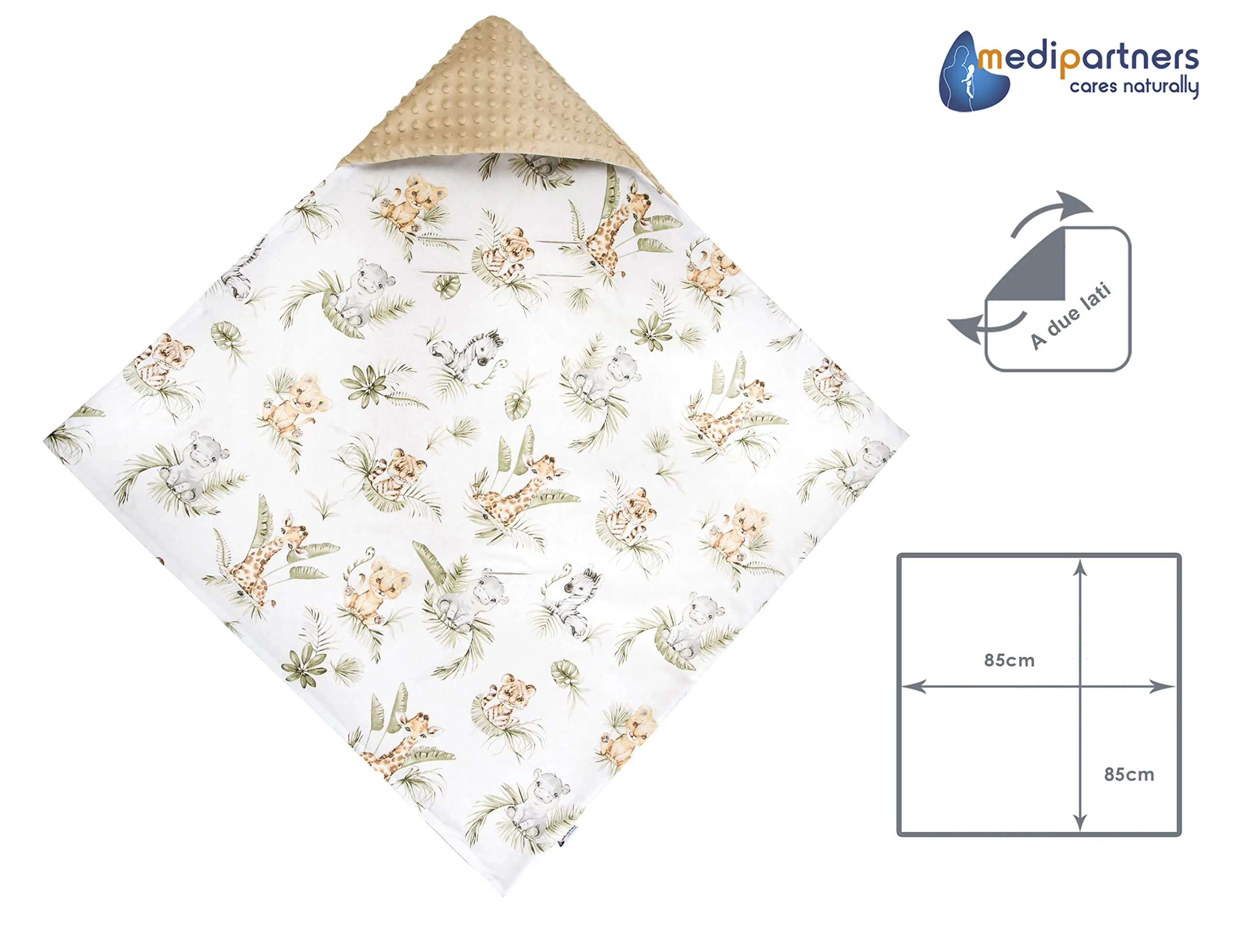 Medi Partners Coperta Neonato per Ovetto e Passeggino, 100% Cotone e Minky, 85x85cm, Safari con Minky beige - immagine 4