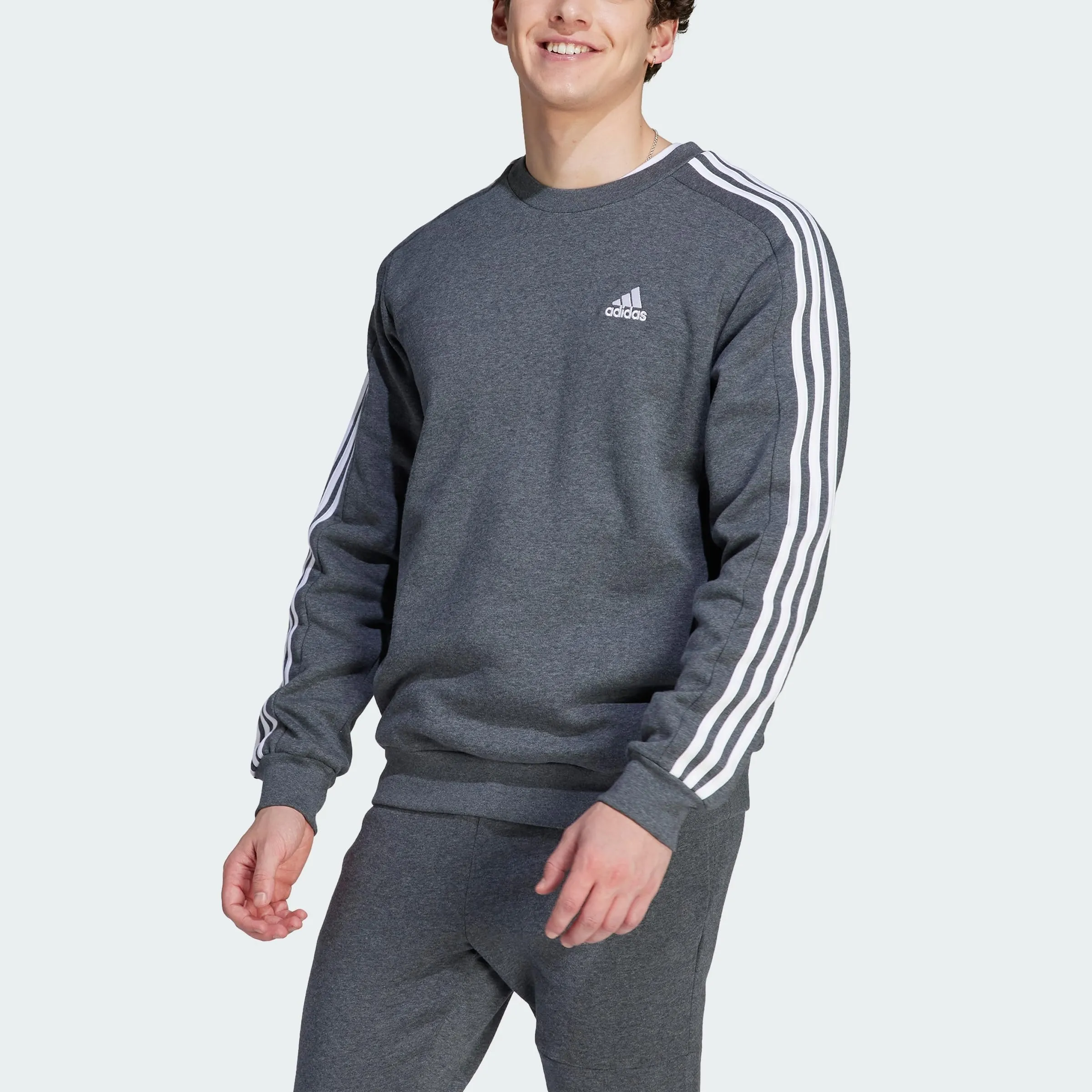 Adidas Essentials Fleece 3-Stripes Sweatshirt, Dark Grey Heather, M - immagine 3