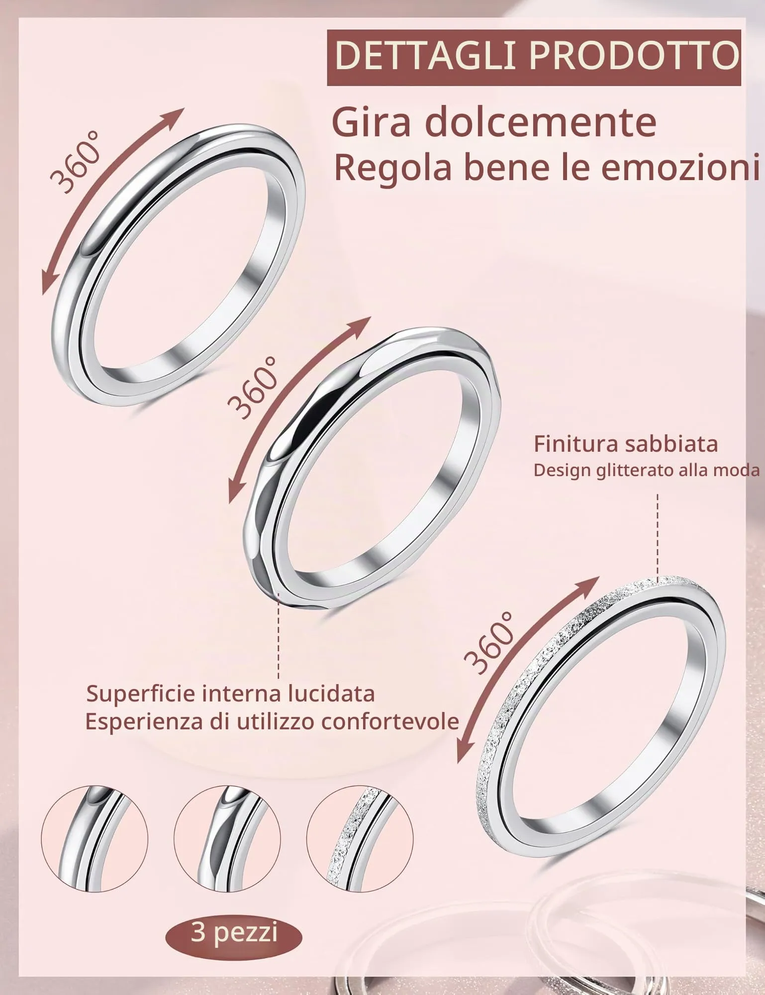 Adramata Anelli Antistress Spinner in Acciaio Inossidabile, Set da 3 Pezzi - immagine 2