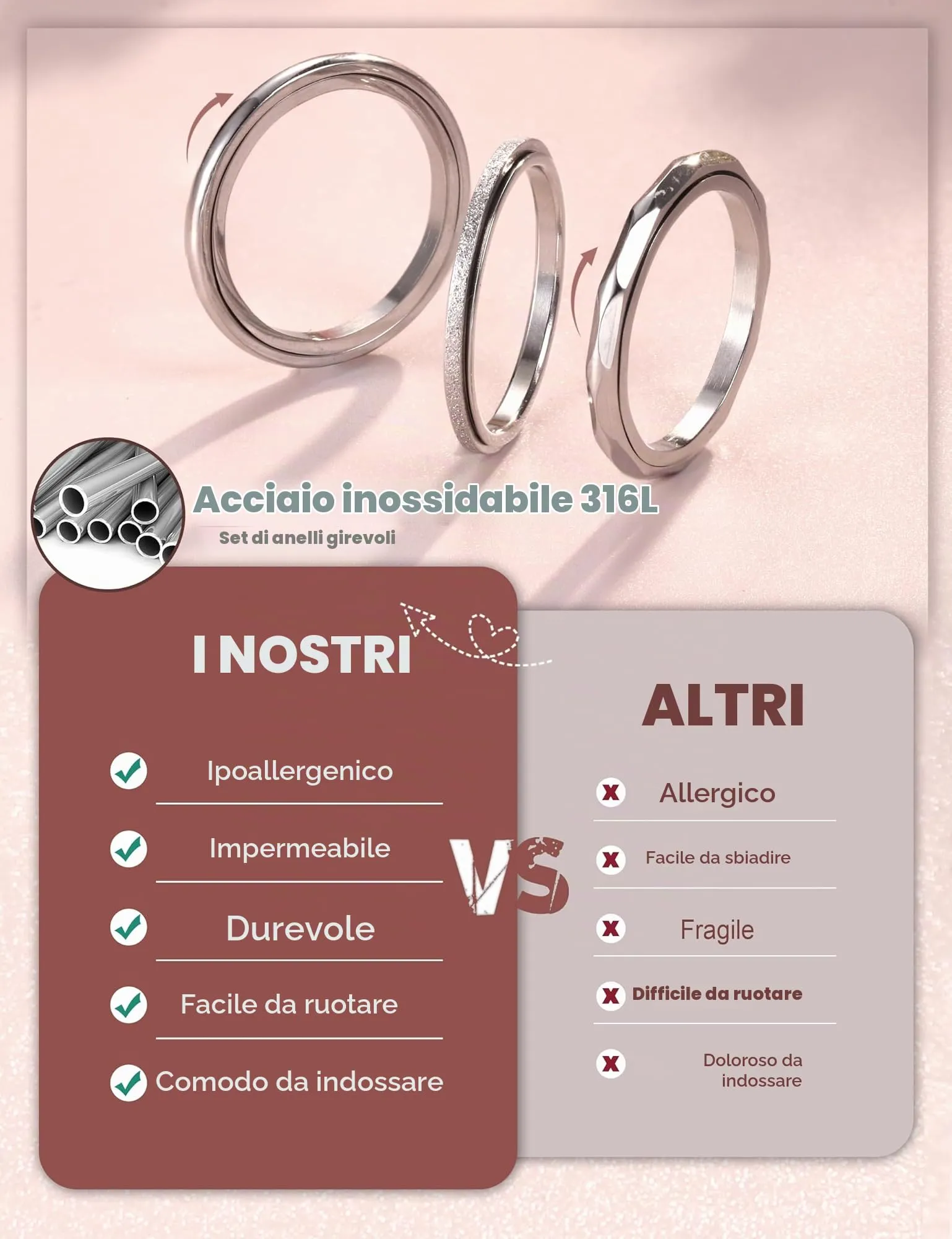 Adramata Anelli Antistress Spinner in Acciaio Inossidabile, Set da 3 Pezzi - immagine 4