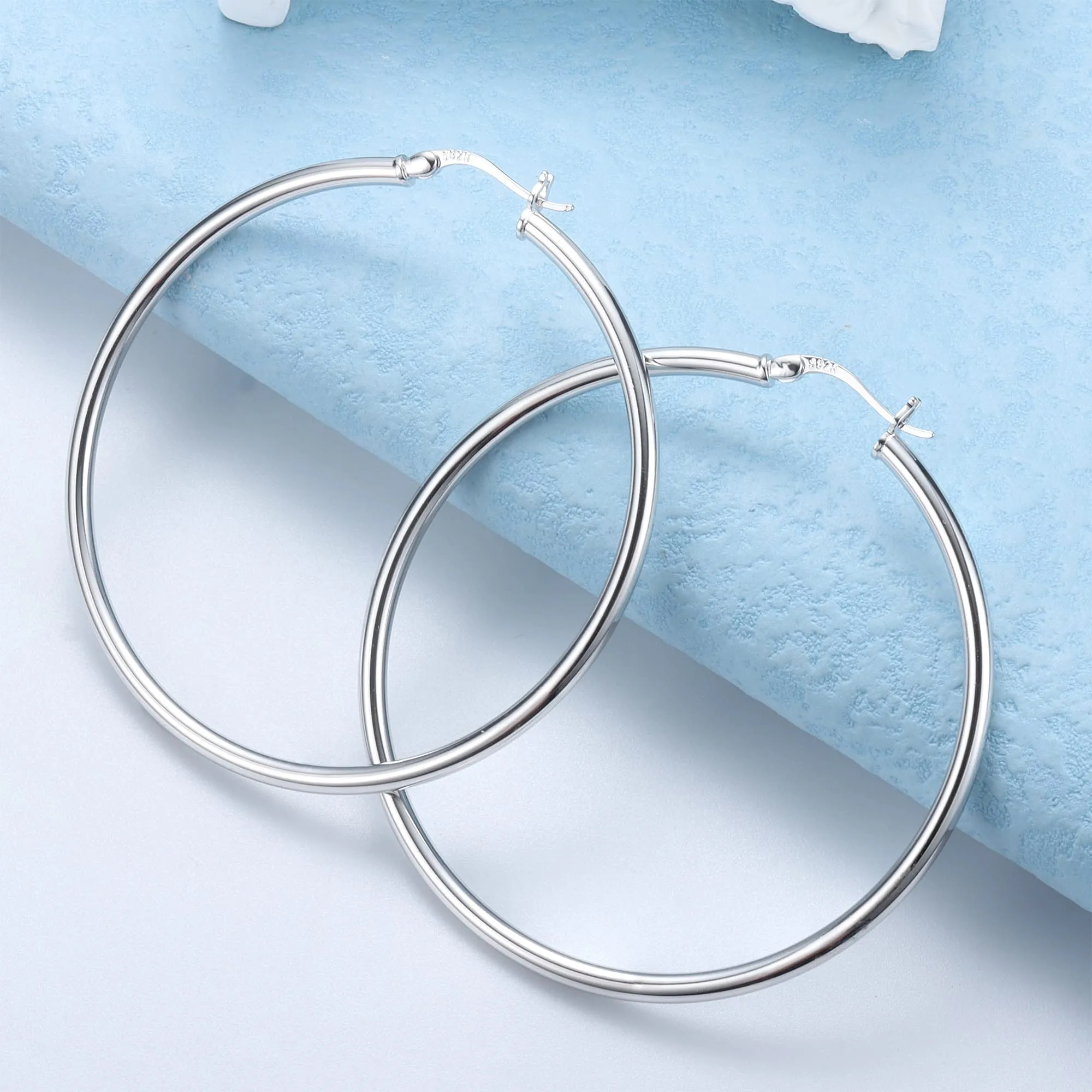 Chriscoco Orecchini a Cerchio in Rame con Perni in Argento 925, 50 mm, Argento - immagine 5