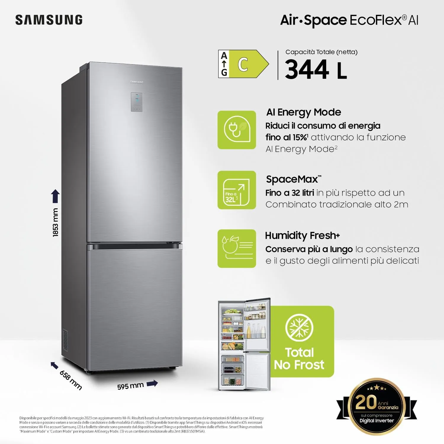Samsung EcoFlex AI RB34C775CS9/EF Frigorifero Combinato, SpaceMax, Total No Frost, 344 L, Metal Inox - immagine 2