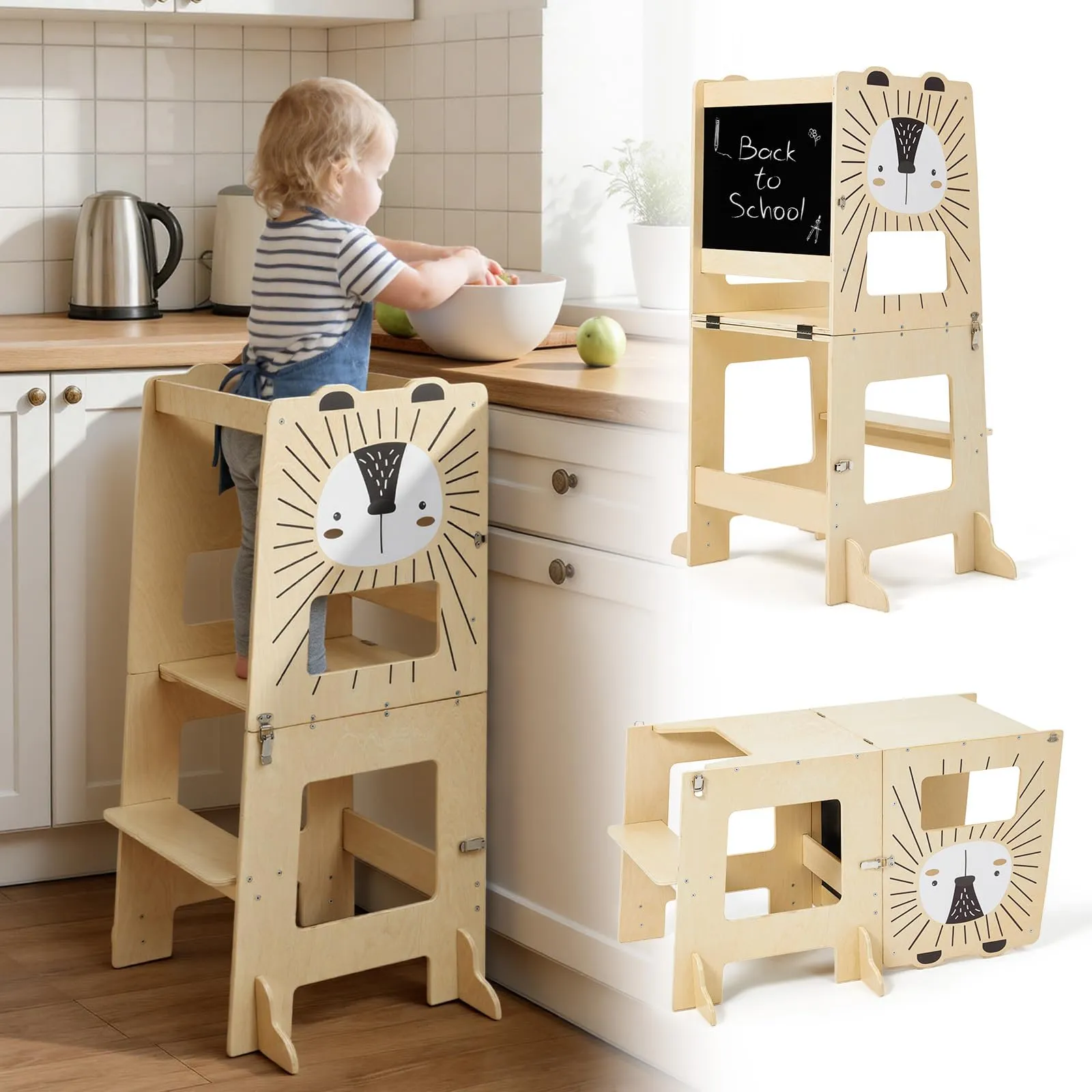 labebe Torre Montessoriana per Bambini 3 in 1 Trasformabile in Scrivania, Sedia e Lavagna, Legno, Altezza 98 cm - immagine 1