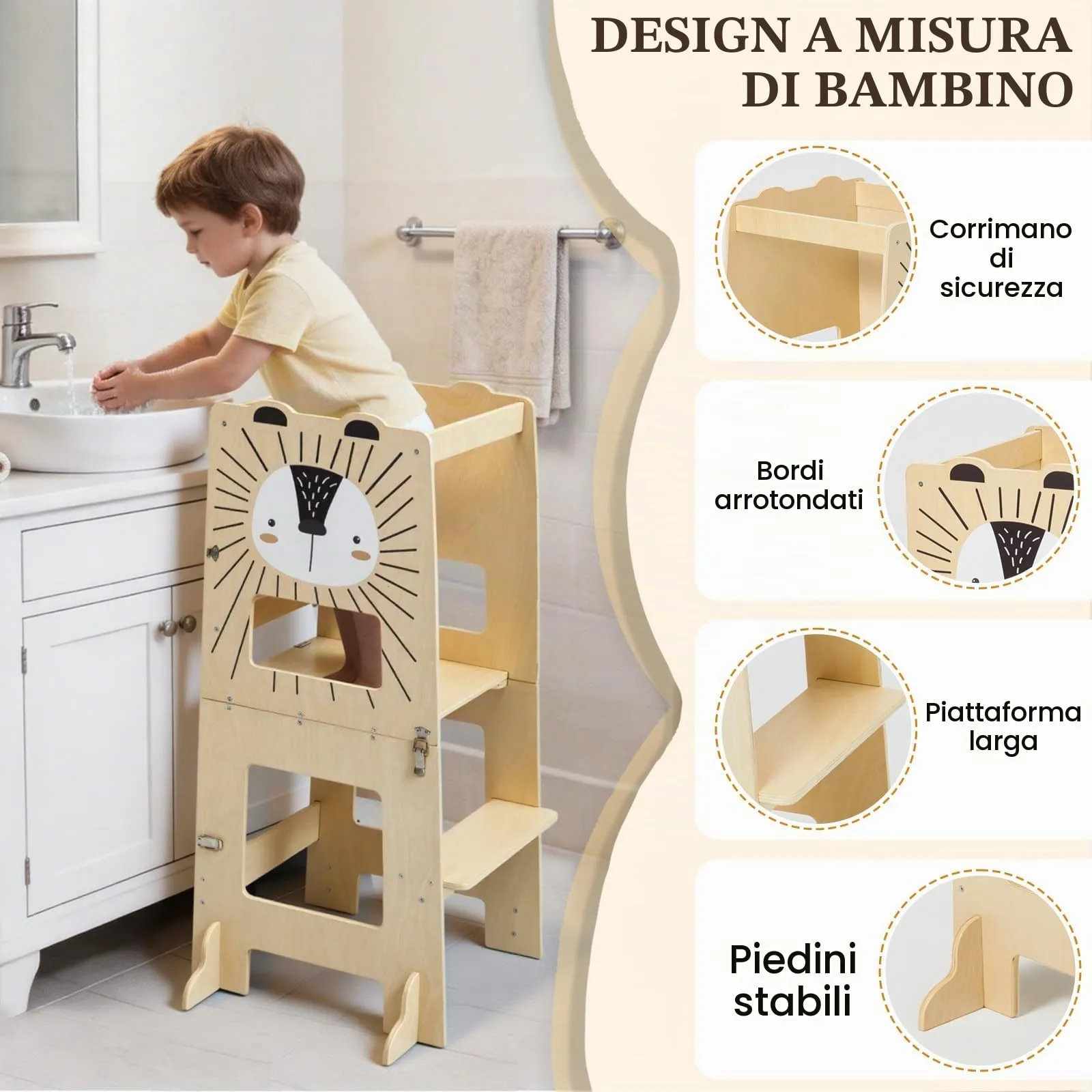 labebe Torre Montessoriana per Bambini 3 in 1 Trasformabile in Scrivania, Sedia e Lavagna, Legno, Altezza 98 cm - immagine 2