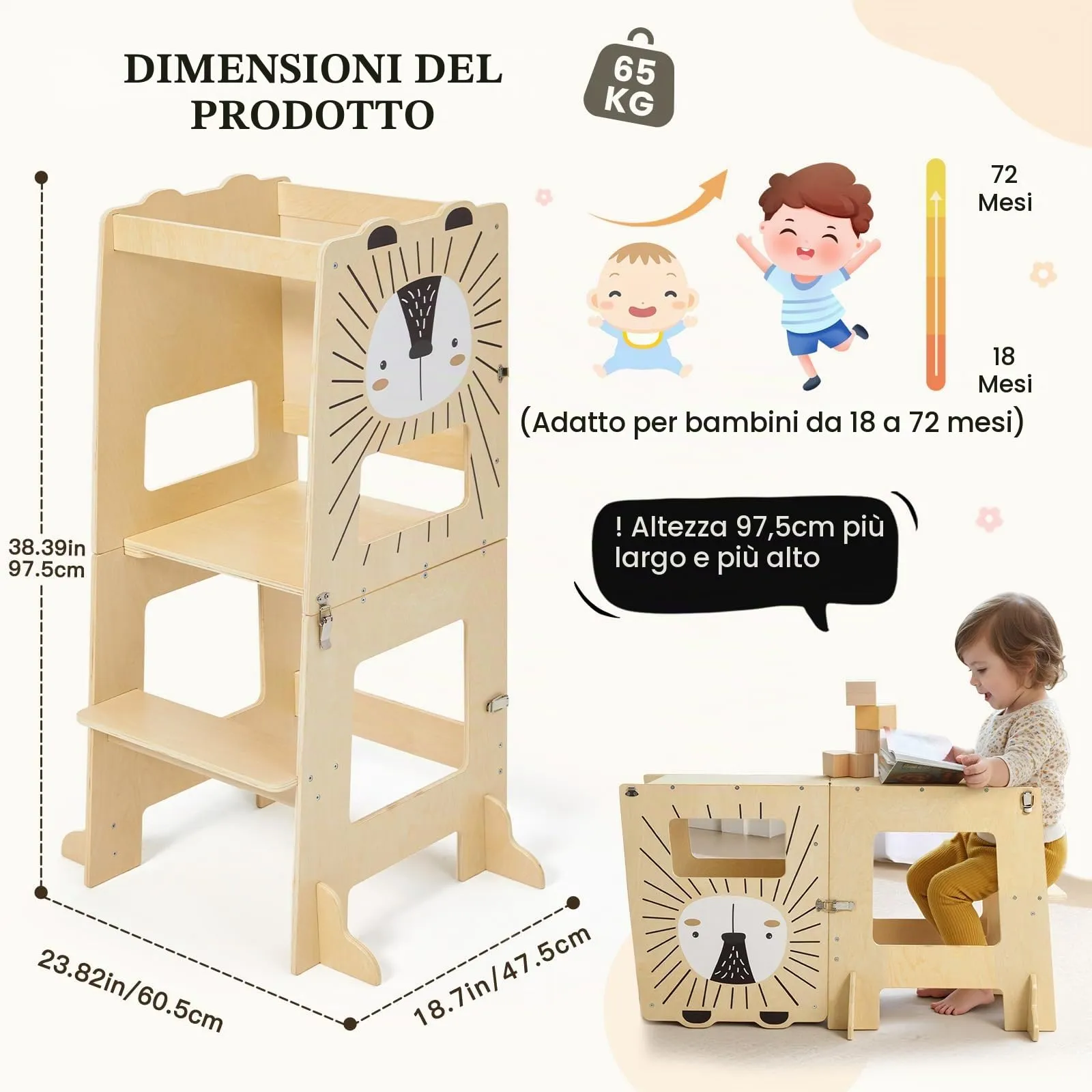 labebe Torre Montessoriana per Bambini 3 in 1 Trasformabile in Scrivania, Sedia e Lavagna, Legno, Altezza 98 cm - immagine 3