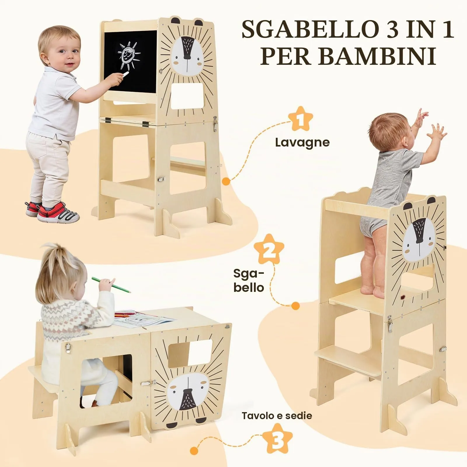 labebe Torre Montessoriana per Bambini 3 in 1 Trasformabile in Scrivania, Sedia e Lavagna, Legno, Altezza 98 cm - immagine 4