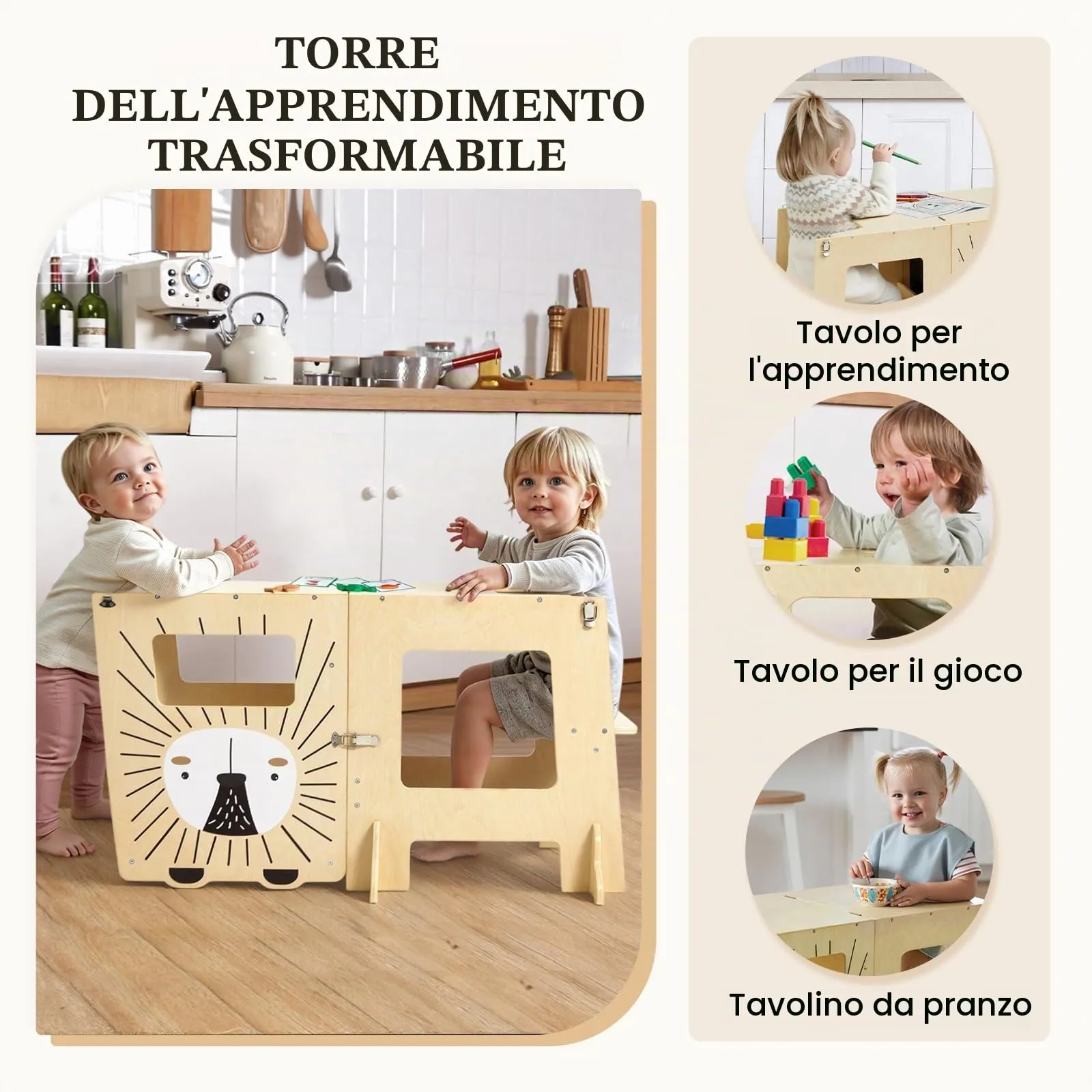 labebe Torre Montessoriana per Bambini 3 in 1 Trasformabile in Scrivania, Sedia e Lavagna, Legno, Altezza 98 cm - immagine 5