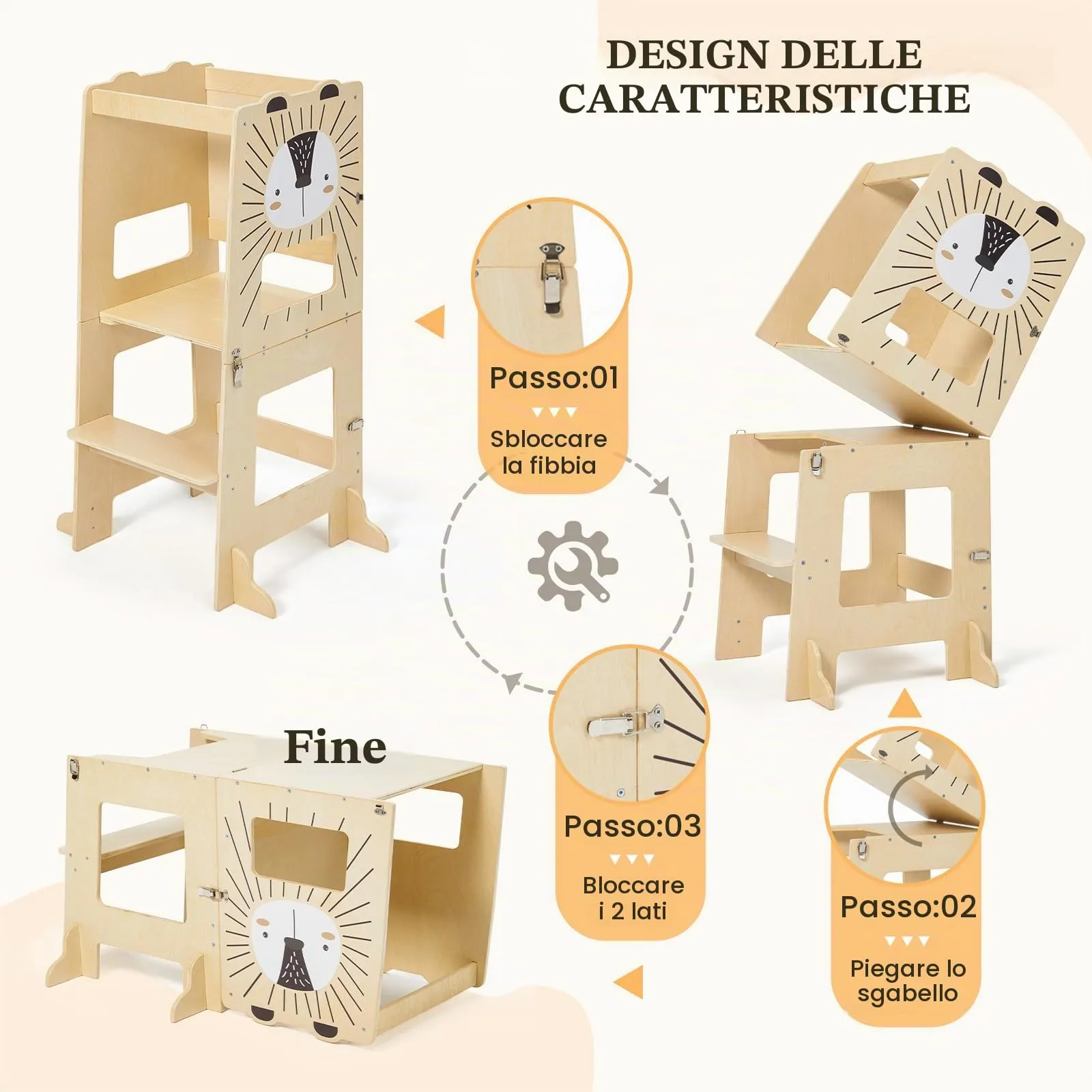 labebe Torre Montessoriana per Bambini 3 in 1 Trasformabile in Scrivania, Sedia e Lavagna, Legno, Altezza 98 cm - immagine 6