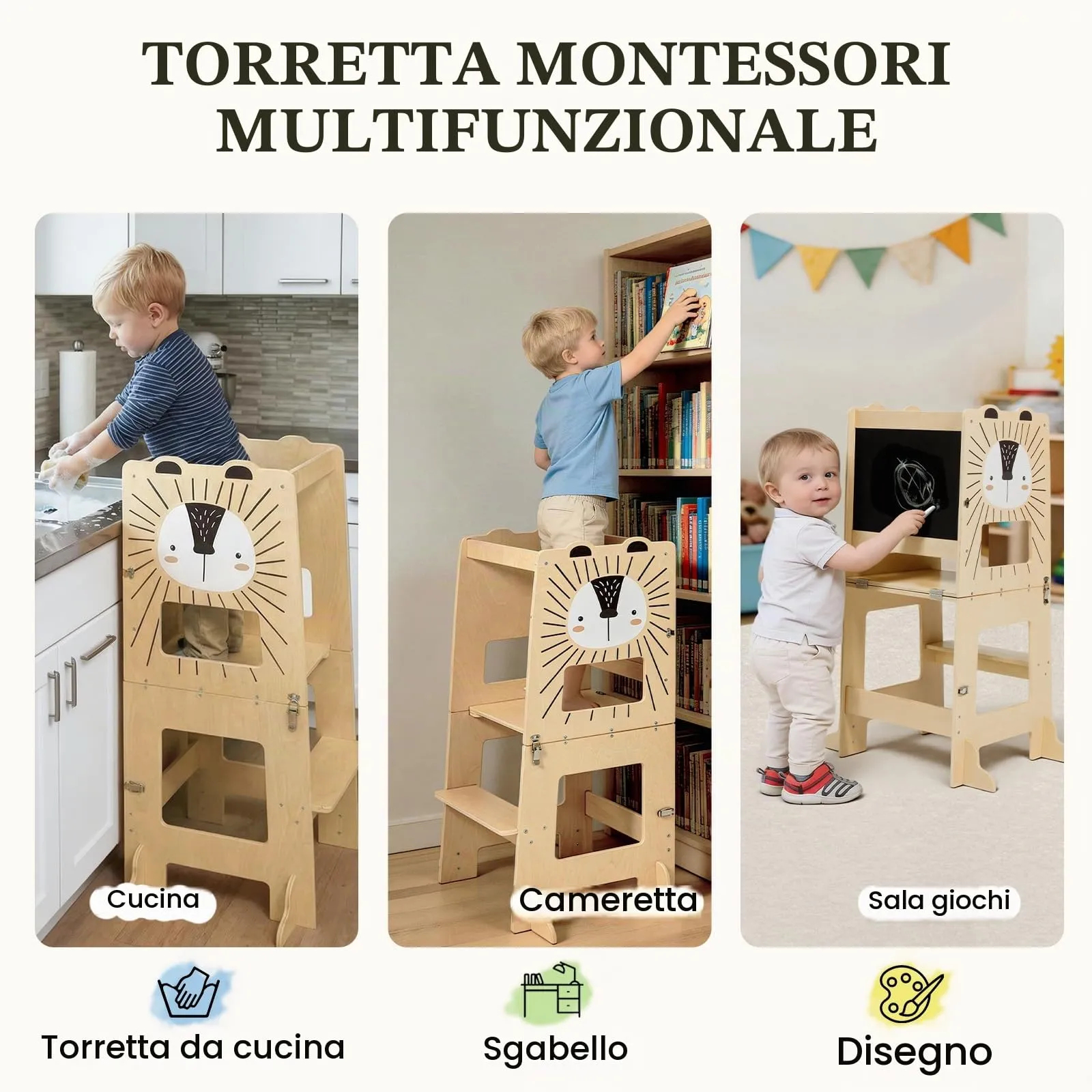 labebe Torre Montessoriana per Bambini 3 in 1 Trasformabile in Scrivania, Sedia e Lavagna, Legno, Altezza 98 cm - immagine 8