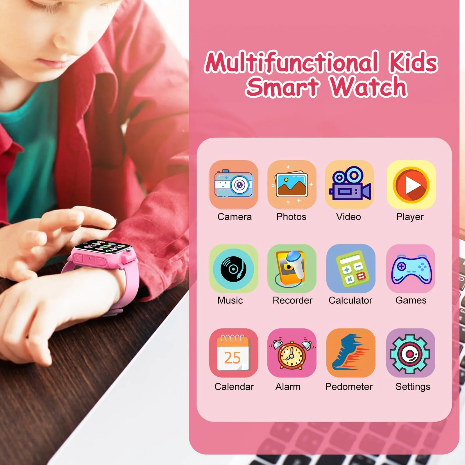 Diswoe Smartwatch per Bambini, Rosa, con Scheda Micro SD e Contapassi - immagine 6