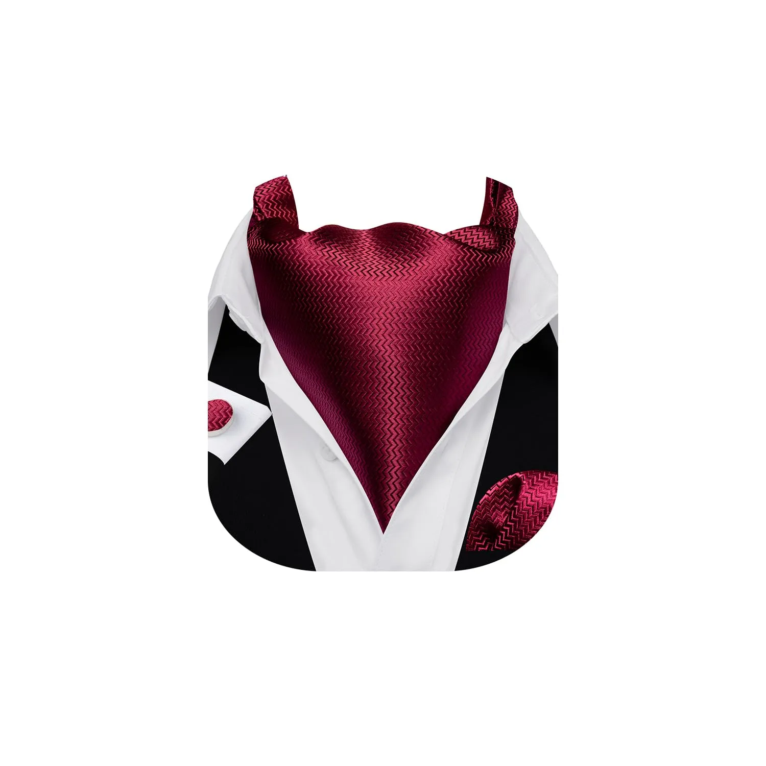 Barry.Wang Set da uomo con cravatta Ascot in seta, fazzoletto da taschino e gemelli, motivo Paisley, Rosso vinaccia, Taglia unica - immagine 1