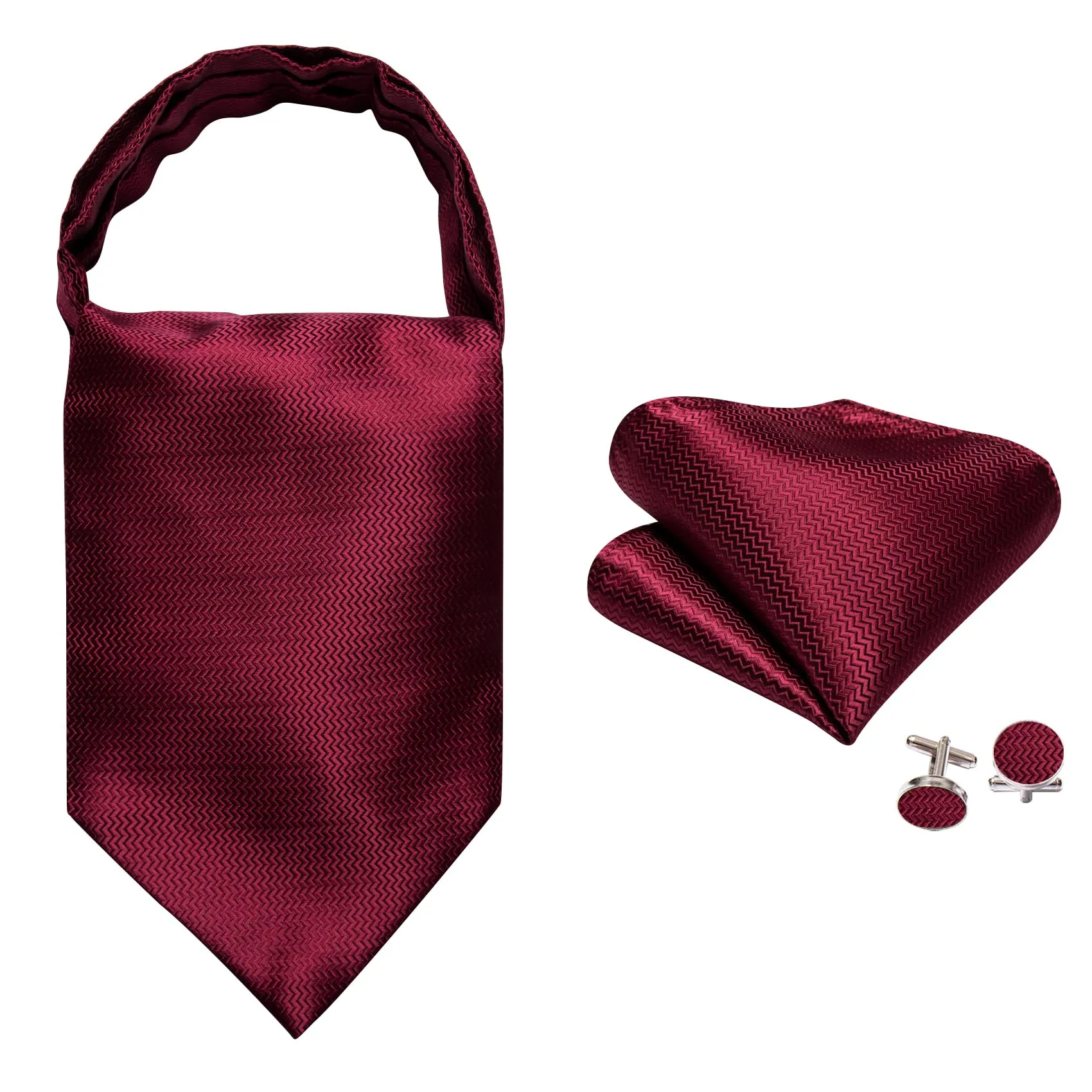 Barry.Wang Set da uomo con cravatta Ascot in seta, fazzoletto da taschino e gemelli, motivo Paisley, Rosso vinaccia, Taglia unica - immagine 2