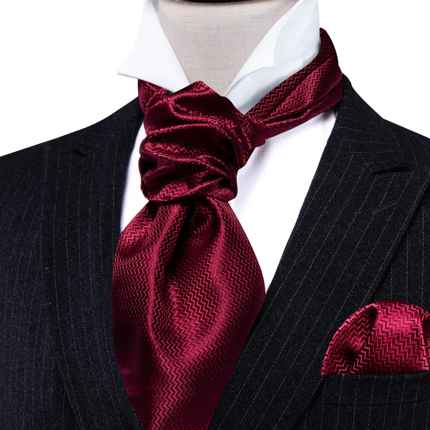 Barry.Wang Set da uomo con cravatta Ascot in seta, fazzoletto da taschino e gemelli, motivo Paisley, Rosso vinaccia, Taglia unica - immagine 4