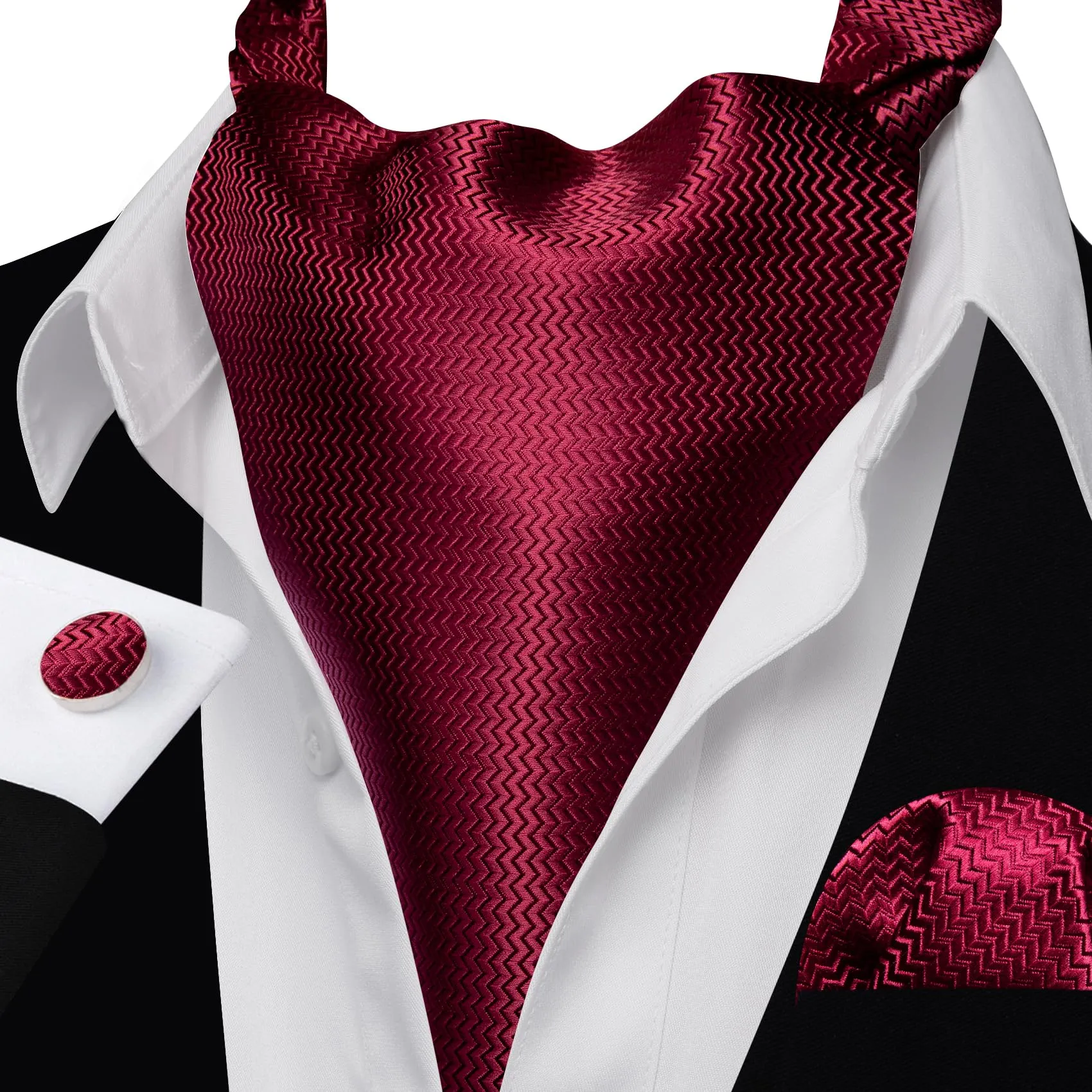 Barry.Wang Set da uomo con cravatta Ascot in seta, fazzoletto da taschino e gemelli, motivo Paisley, Rosso vinaccia, Taglia unica - immagine 5