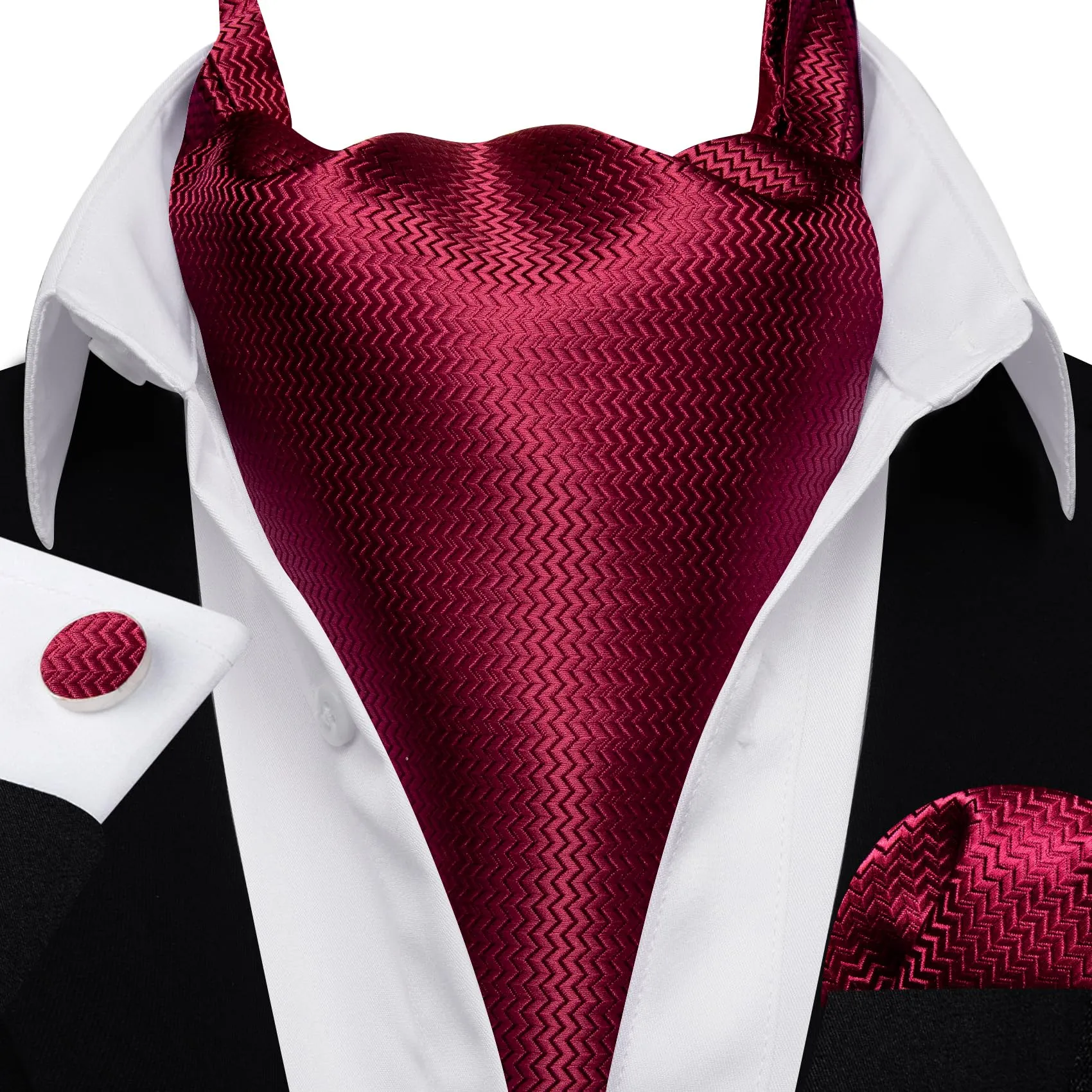 Barry.Wang Set da uomo con cravatta Ascot in seta, fazzoletto da taschino e gemelli, motivo Paisley, Rosso vinaccia, Taglia unica - immagine 6