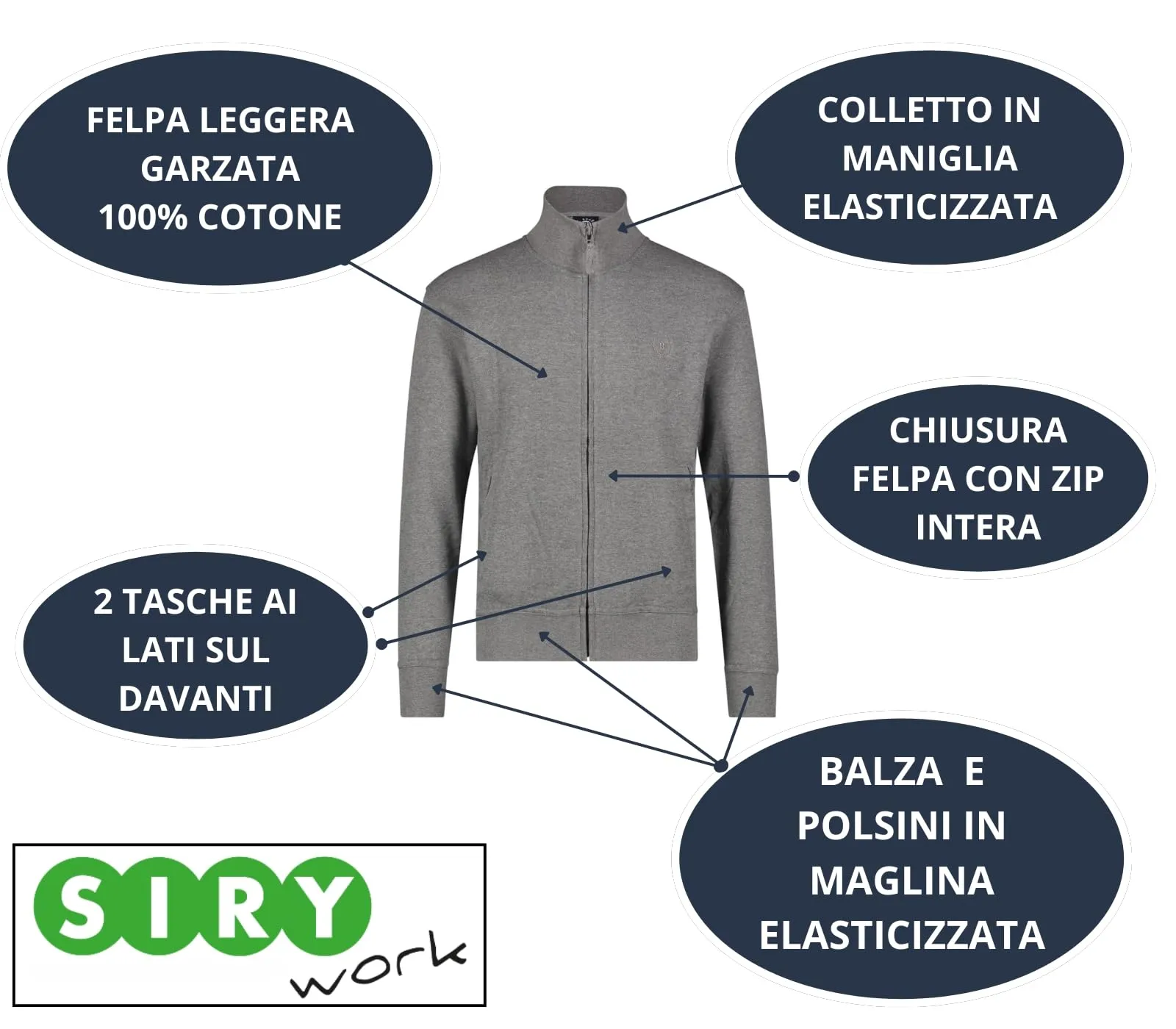 Siry Work Be Board Felpa Leggera Art. 9114 100% Cotone con Tasche e Zip Intera - L - Grigio Chiaro Melange - immagine 2