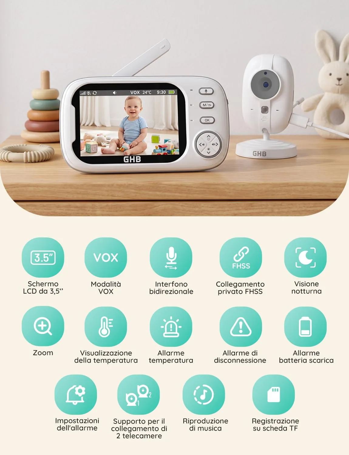GHB Baby Monitor Video e Audio 3.5'' 720HD Senza Wifi ABM600-DE-1 - immagine 3
