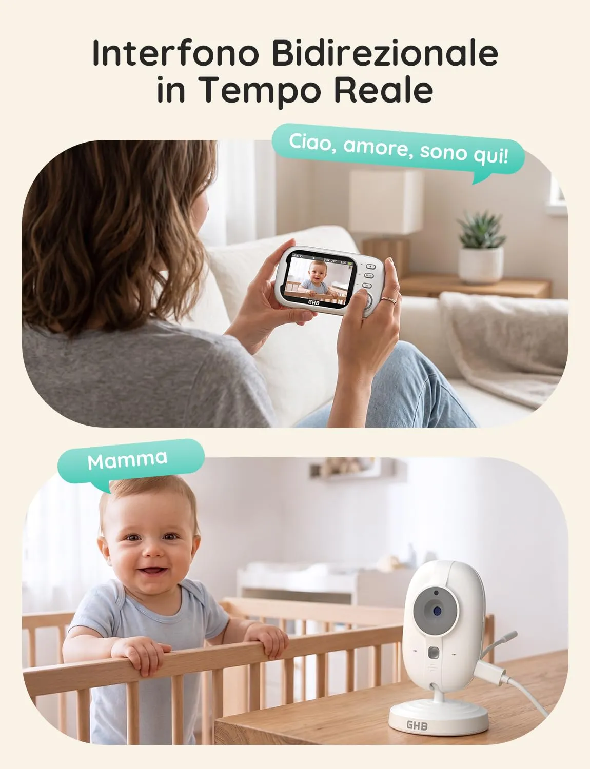 GHB Baby Monitor Video e Audio 3.5'' 720HD Senza Wifi ABM600-DE-1 - immagine 4