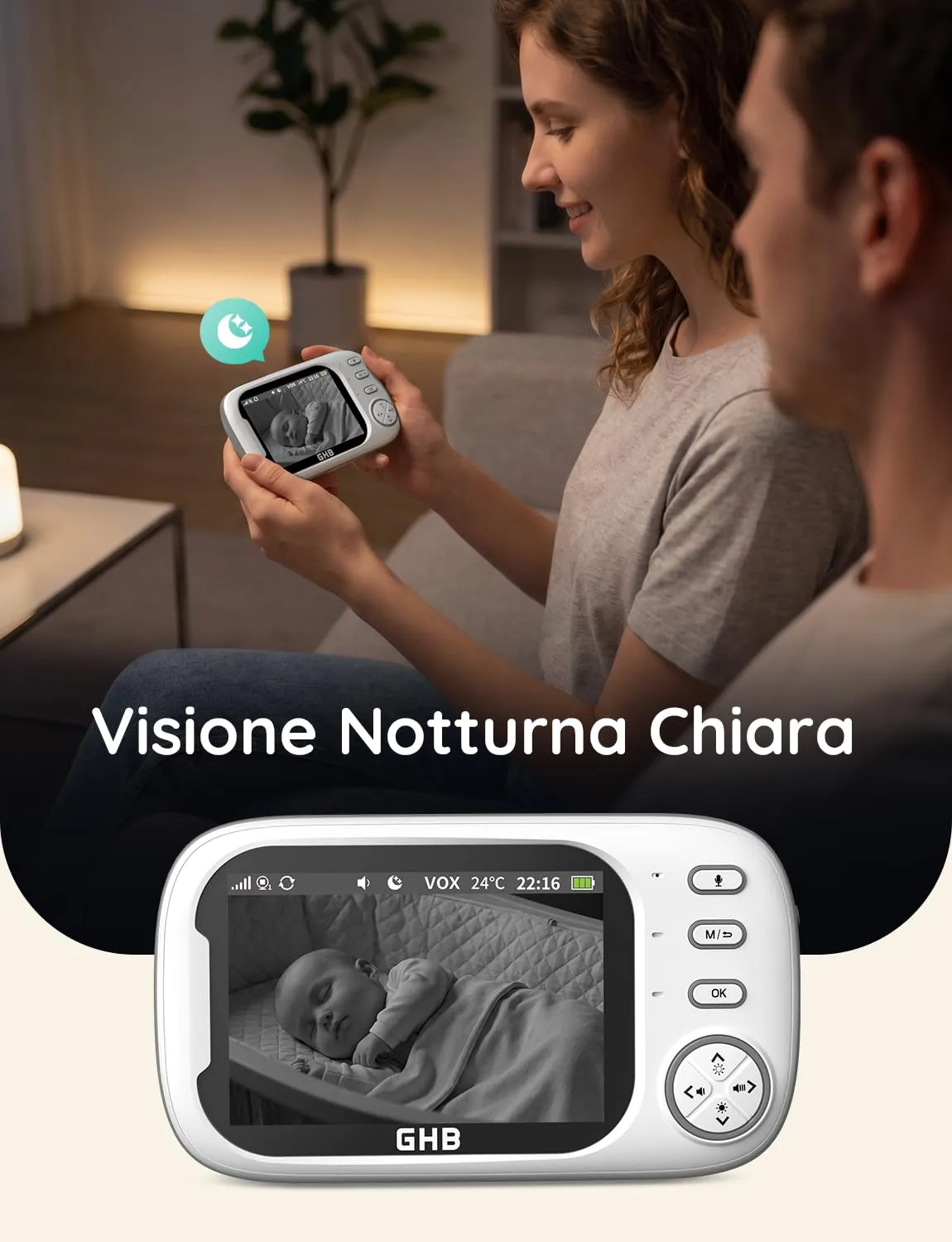 GHB Baby Monitor Video e Audio 3.5'' 720HD Senza Wifi ABM600-DE-1 - immagine 6