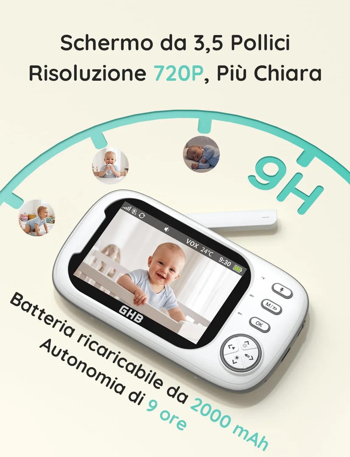 GHB Baby Monitor Video e Audio 3.5'' 720HD Senza Wifi ABM600-DE-1 - immagine 8