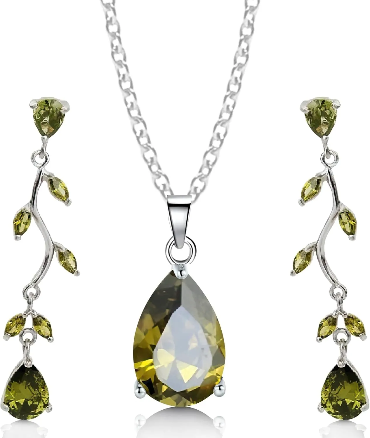 Crystalline Azuria Donna Parure in Oro Bianco 18ct con Olivina Verde e Cristalli di Zirconi, Collana 45 cm e Orecchini Pendenti - immagine 1