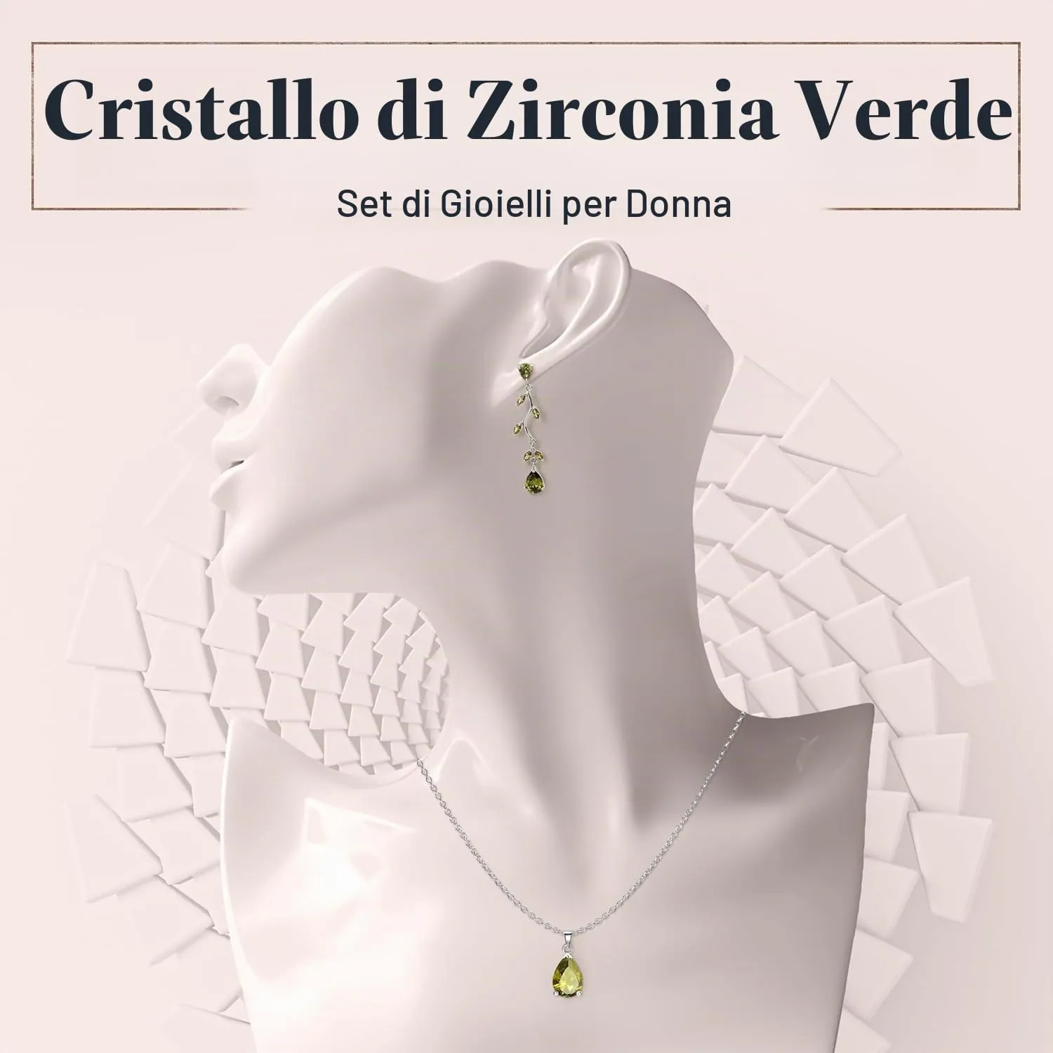 Crystalline Azuria Donna Parure in Oro Bianco 18ct con Olivina Verde e Cristalli di Zirconi, Collana 45 cm e Orecchini Pendenti - immagine 2