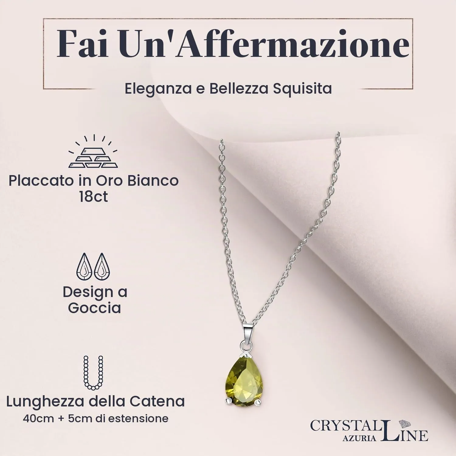 Crystalline Azuria Donna Parure in Oro Bianco 18ct con Olivina Verde e Cristalli di Zirconi, Collana 45 cm e Orecchini Pendenti - immagine 4