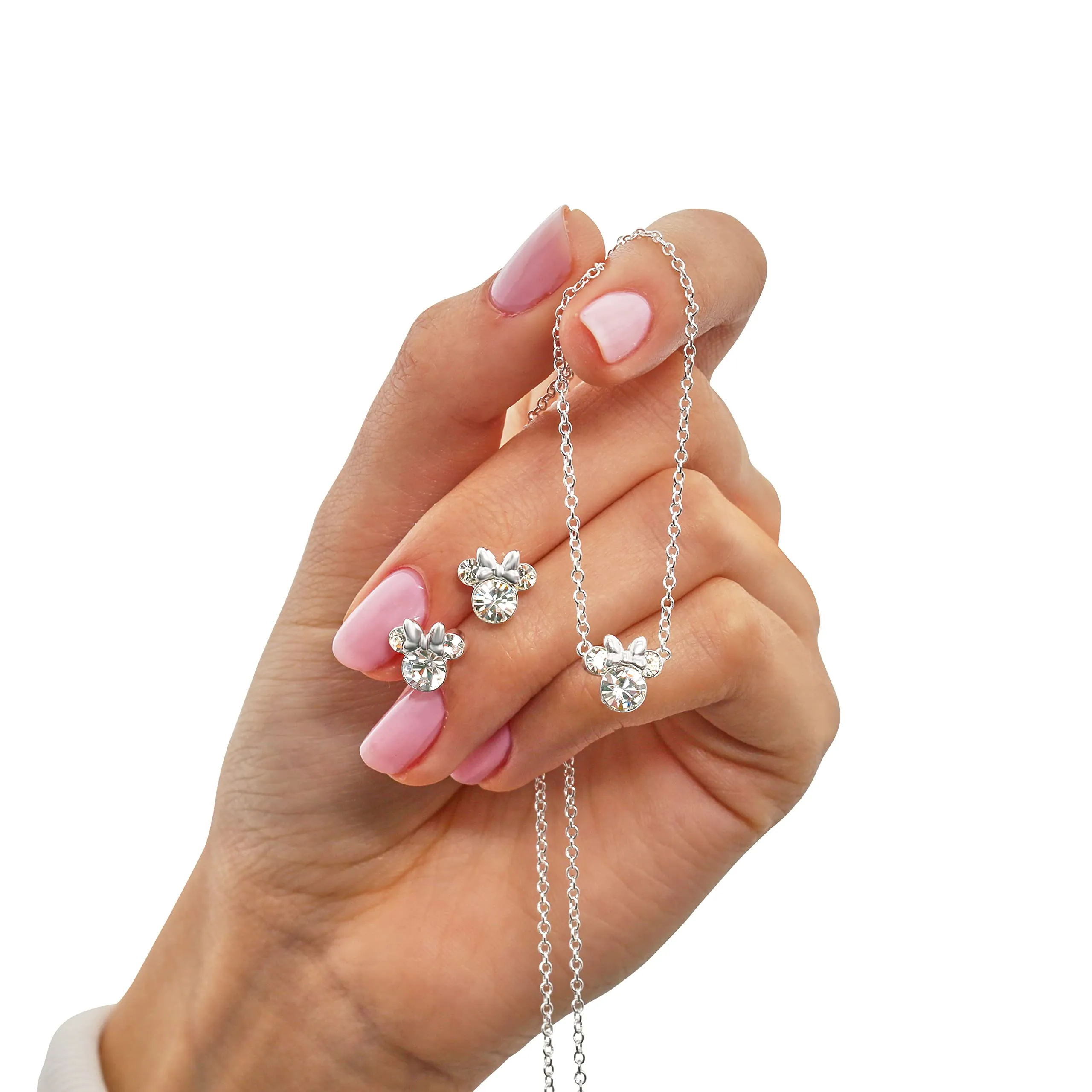 Disney Minnie Mouse Crystal Necklace and Stud Earrings Set, Mickey's 90th Birthday Anniversary, Silver Plated - immagine 4