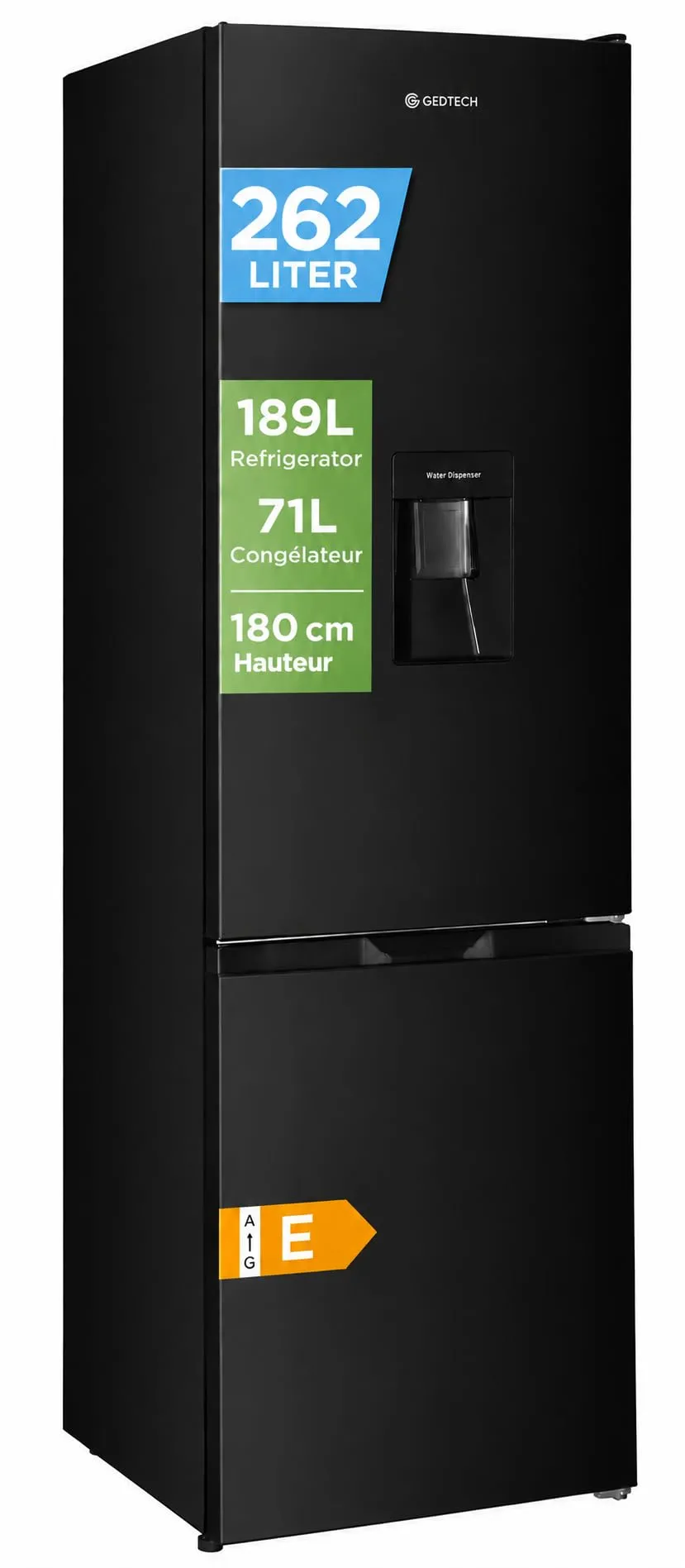 GEDTECH Frigorifero Combinato GCB262BL Nero, Capacità 262L, Classe E - immagine 1