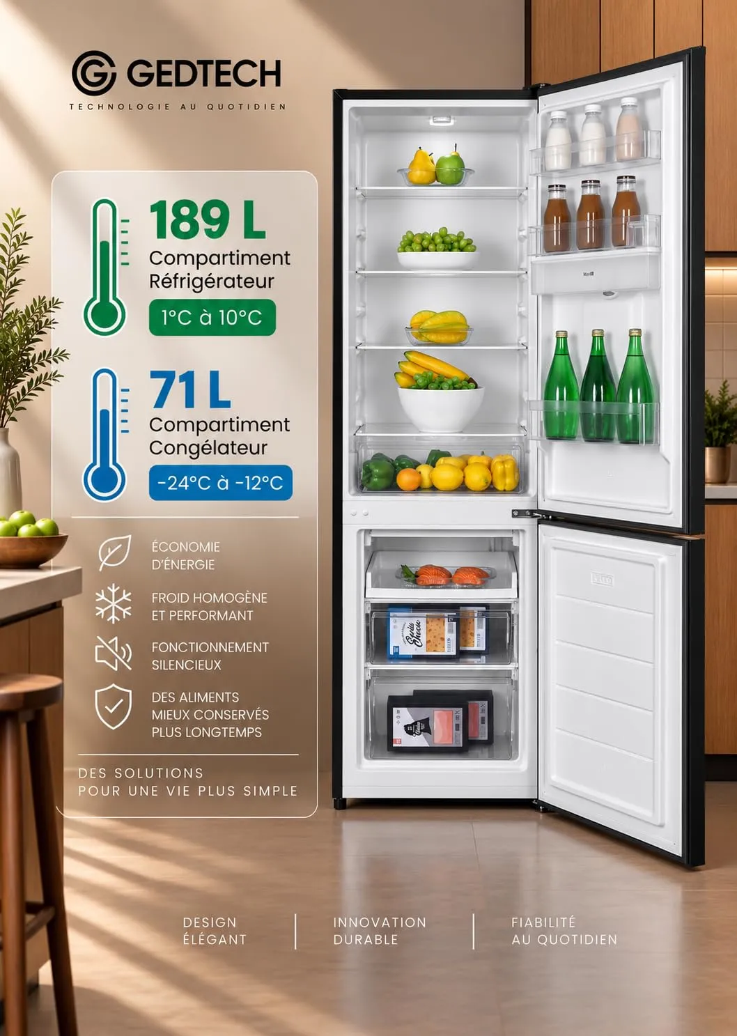 GEDTECH Frigorifero Combinato GCB262BL Nero, Capacità 262L, Classe E - immagine 2