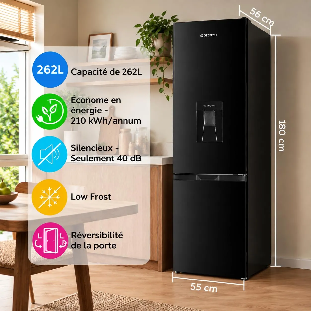 GEDTECH Frigorifero Combinato GCB262BL Nero, Capacità 262L, Classe E - immagine 4