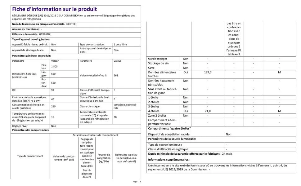GEDTECH Frigorifero Combinato GCB262BL Nero, Capacità 262L, Classe E - immagine 9