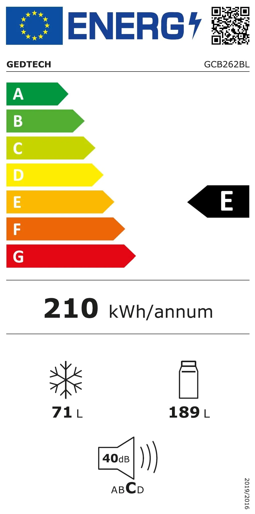 GEDTECH Frigorifero Combinato GCB262BL Nero, Capacità 262L, Classe E - immagine 10