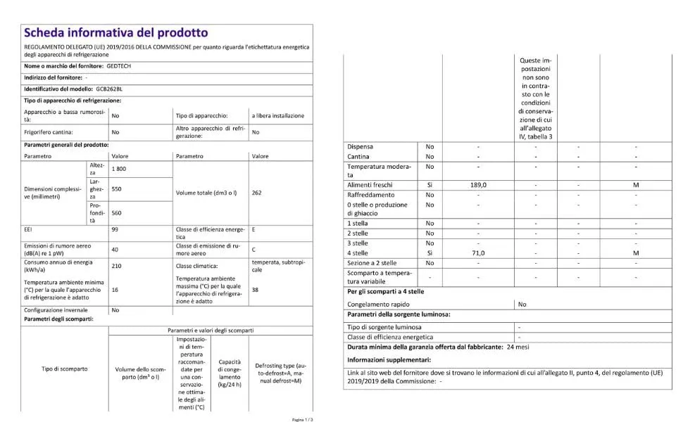 GEDTECH Frigorifero Combinato GCB262BL Nero, Capacità 262L, Classe E - immagine 11
