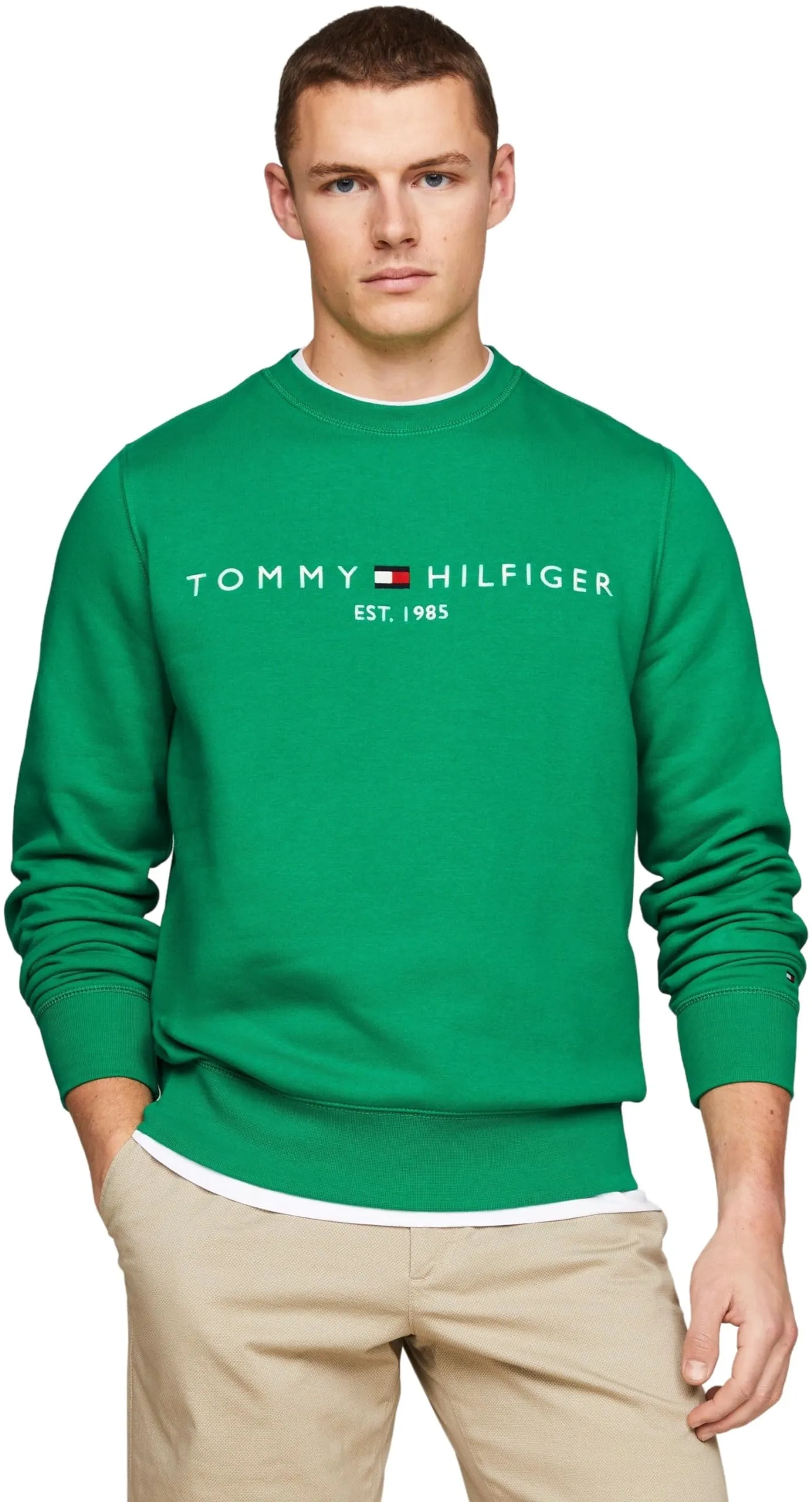 Tommy Hilfiger Felpa Uomo Tommy Logo senza Cappuccio, Verde Olympic Green, XL - immagine 5