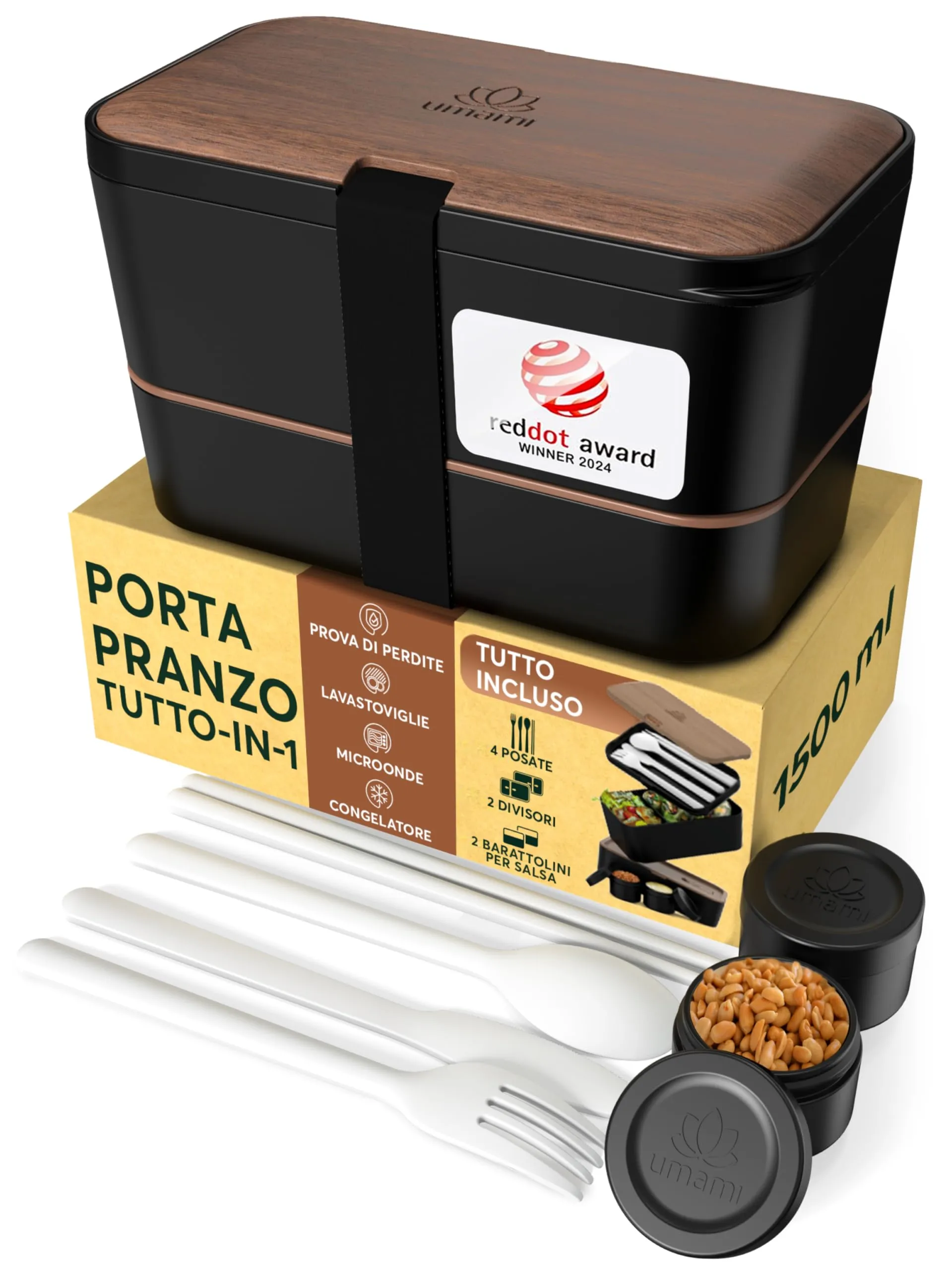 Umami Porta Pranzo Bento Box Impilabile con 4 Scomparti e Posate, 1500 ml, Noce Nero - immagine 1