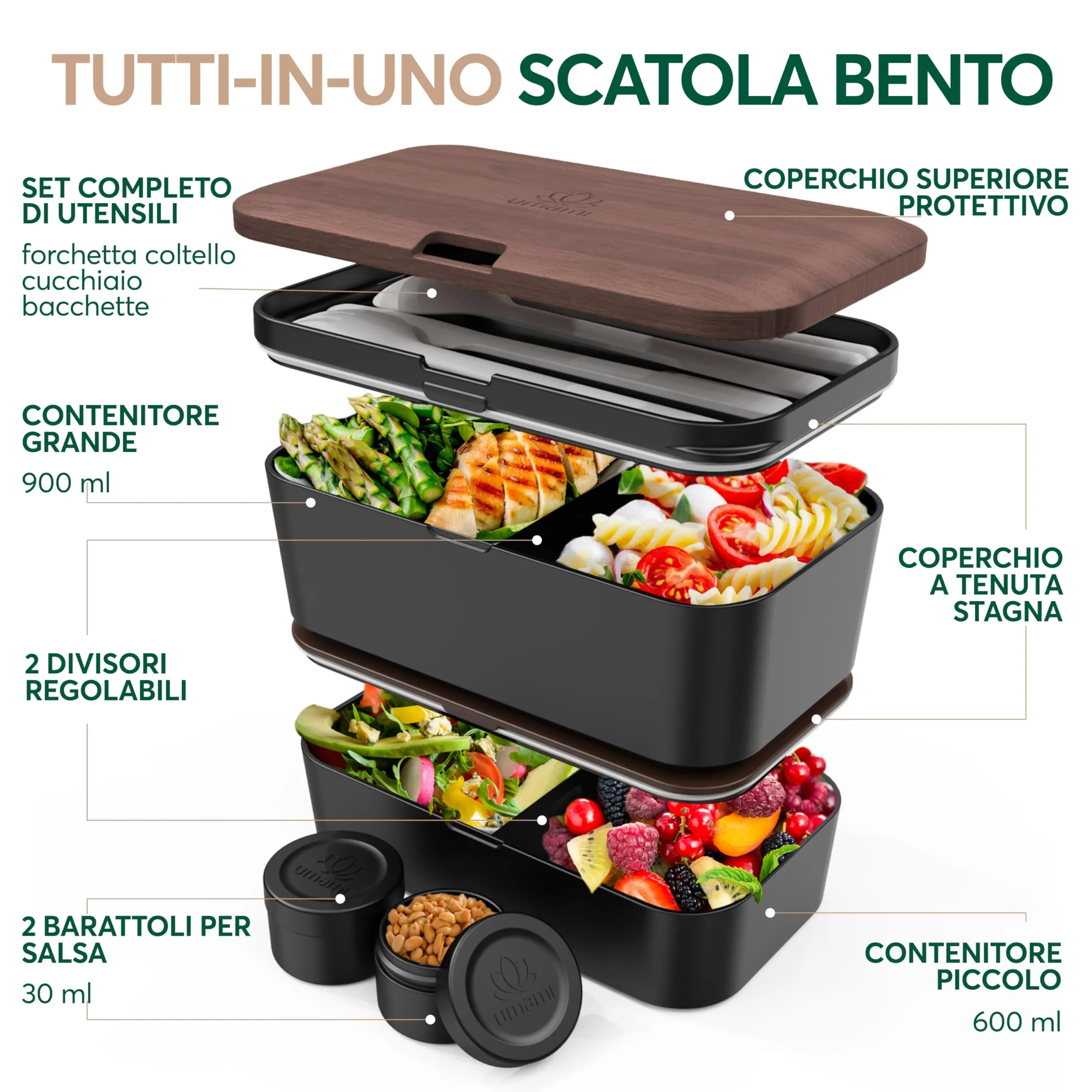 Umami Porta Pranzo Bento Box Impilabile con 4 Scomparti e Posate, 1500 ml, Noce Nero - immagine 2