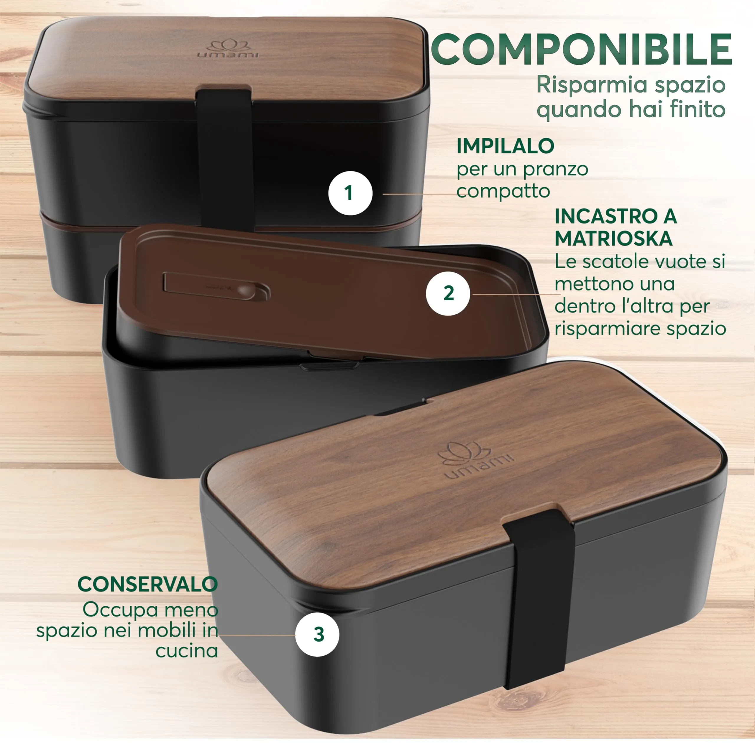 Umami Porta Pranzo Bento Box Impilabile con 4 Scomparti e Posate, 1500 ml, Noce Nero - immagine 4