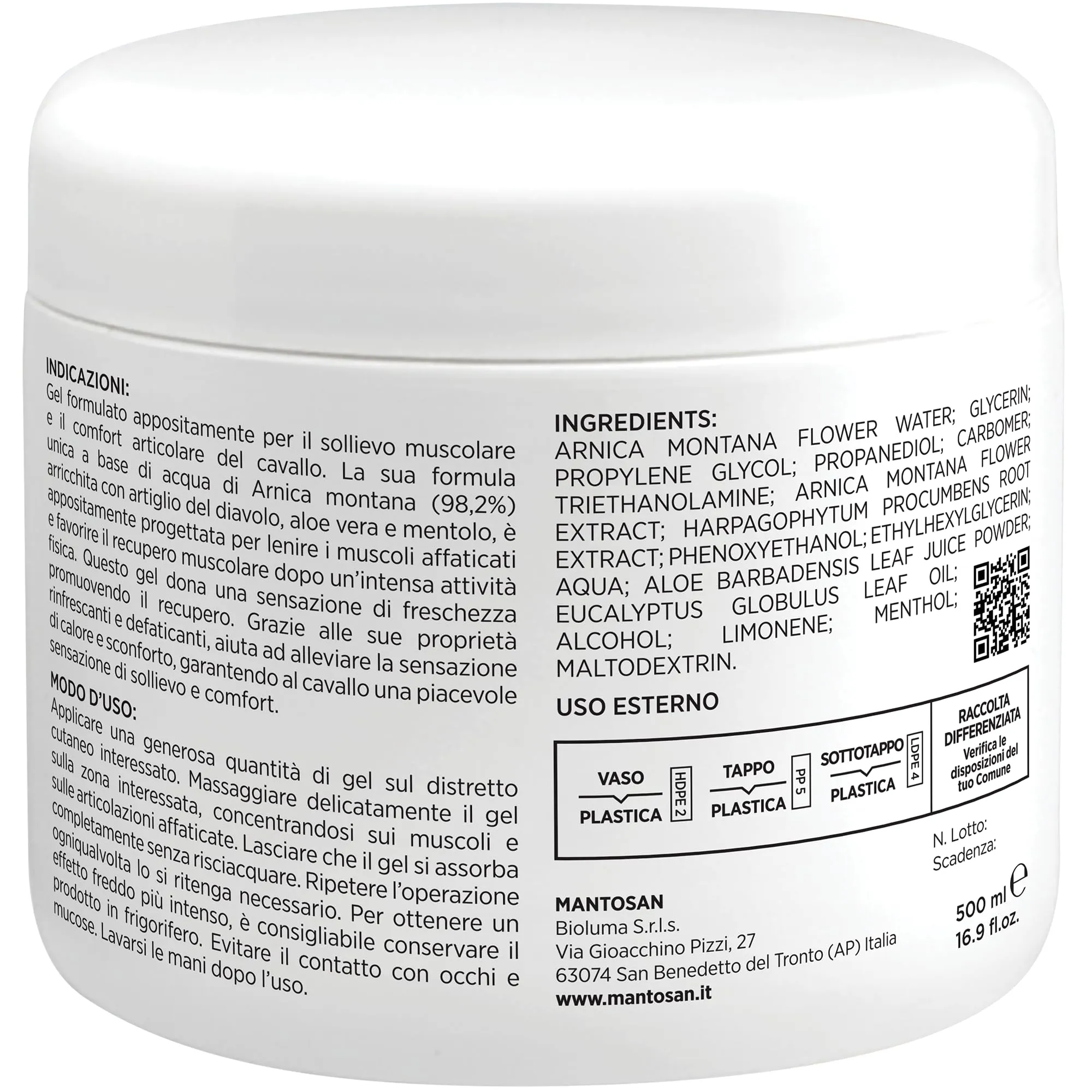 Mantosan Arnica per Cavalli Gel Raffreddante 98.2% con Artiglio del Diavolo, Aloe Vera e Mentolo, 500ml - immagine 2