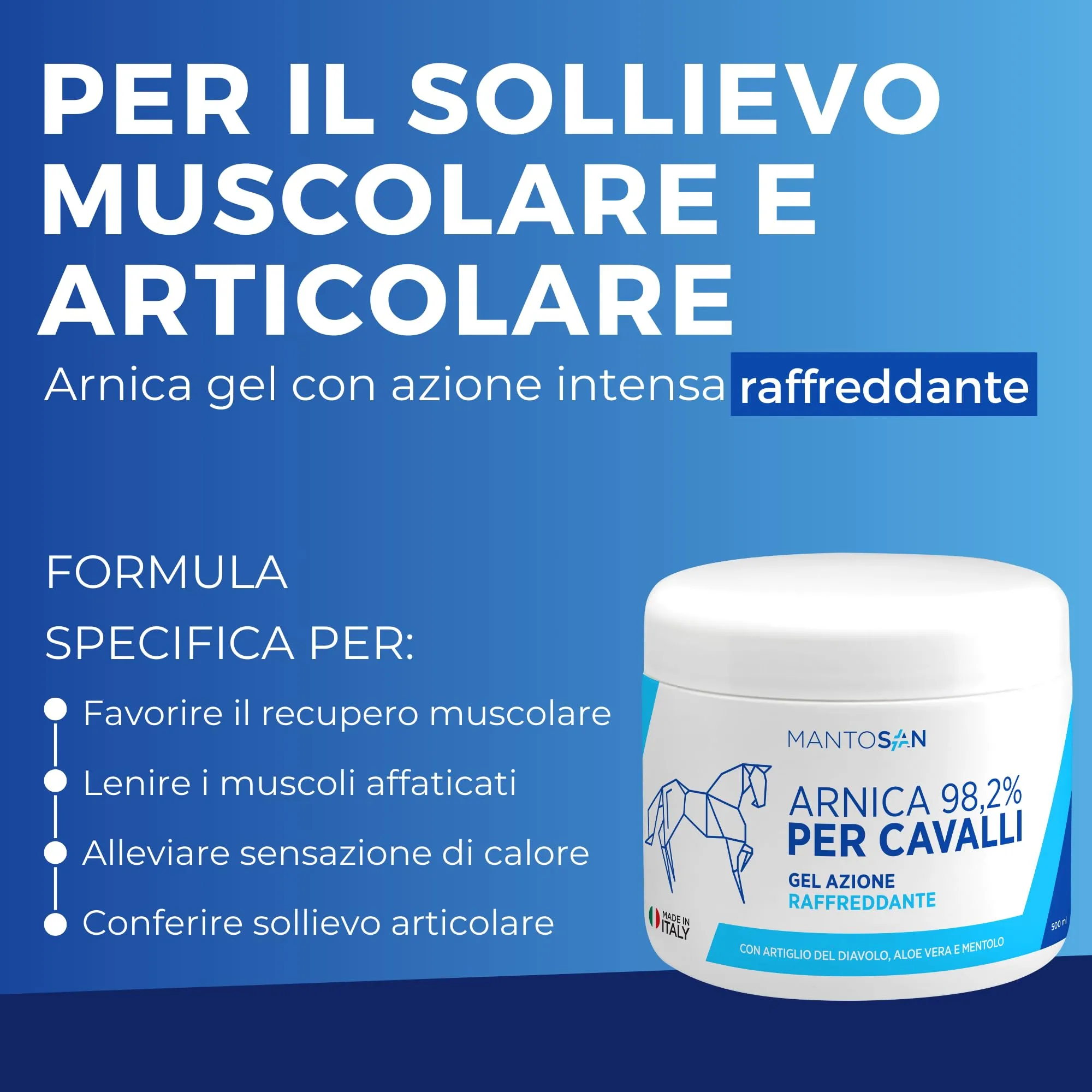 Mantosan Arnica per Cavalli Gel Raffreddante 98.2% con Artiglio del Diavolo, Aloe Vera e Mentolo, 500ml - immagine 3