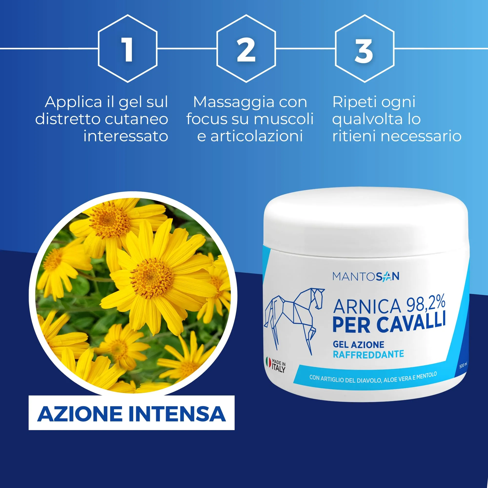 Mantosan Arnica per Cavalli Gel Raffreddante 98.2% con Artiglio del Diavolo, Aloe Vera e Mentolo, 500ml - immagine 5